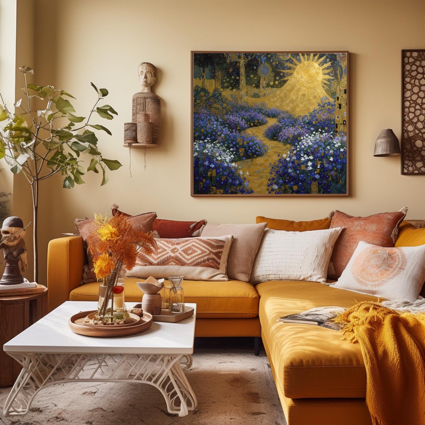 Gustav Klimt lobelia Garden Inspiration Print, Golden Sun Wall Art, Mystical Floral Landscape Poster, Art Nouveau Decor
