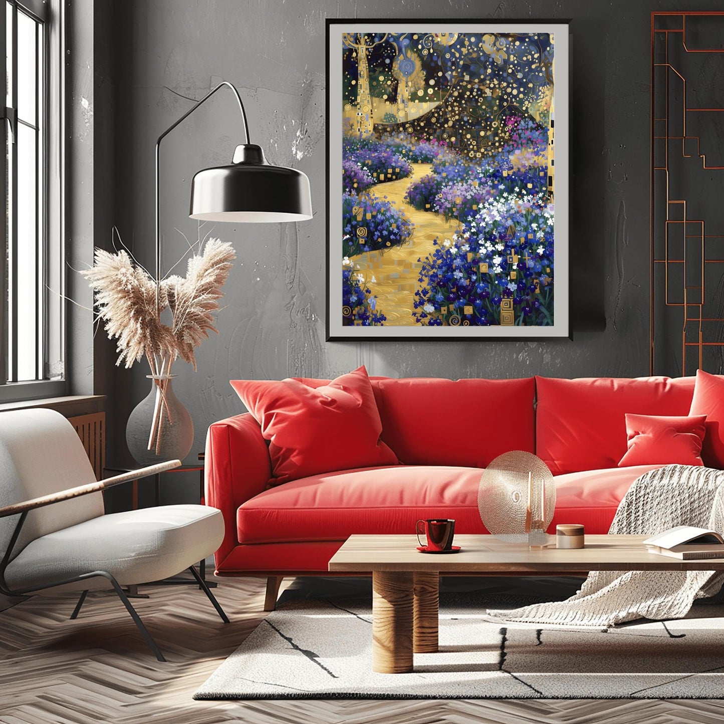 Gustav Klimt Golden Lobelia Garden Print, Art Nouveau Floral Path Poster, Mystical Blue & Gold Decor