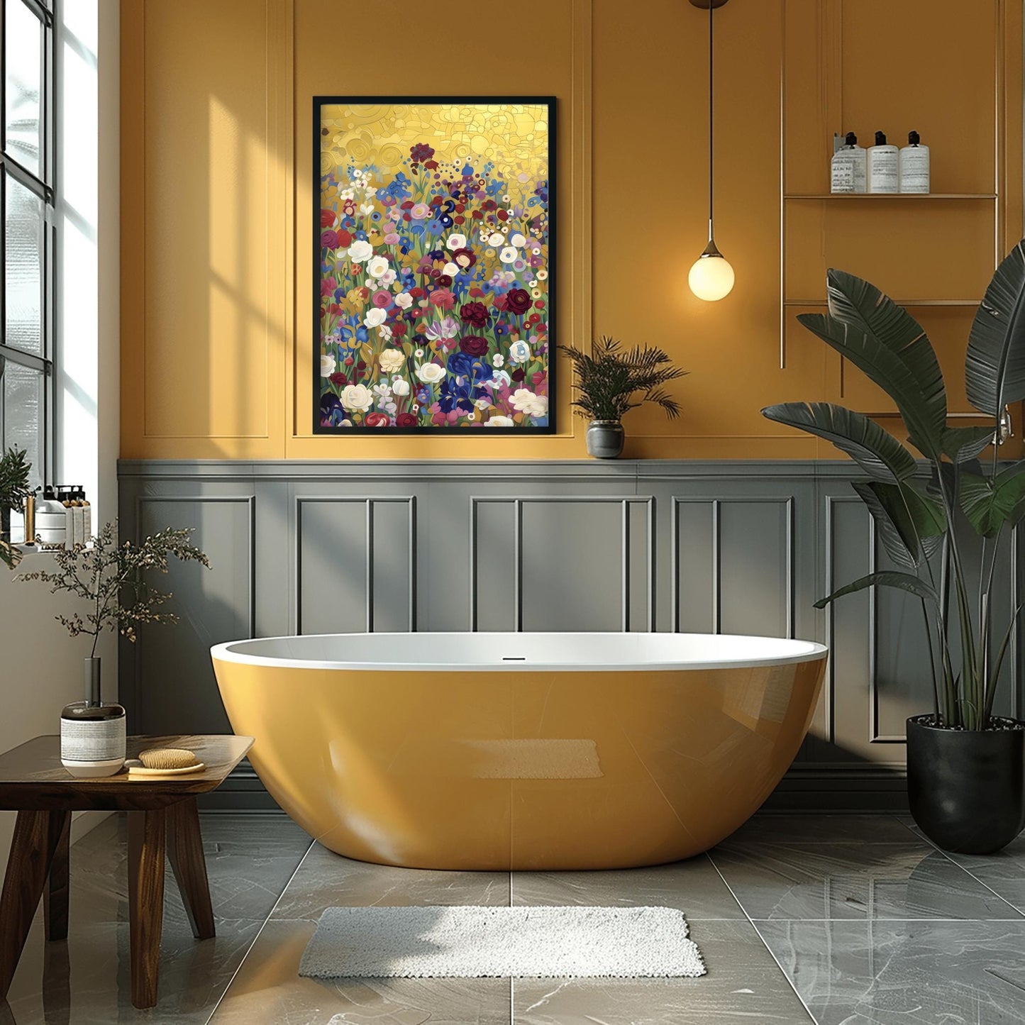 Klimt Floral Meadow Print, Abstract Flower Field Art, Vibrant Gold Aesthetic Poster, Eclectic Wall Decor