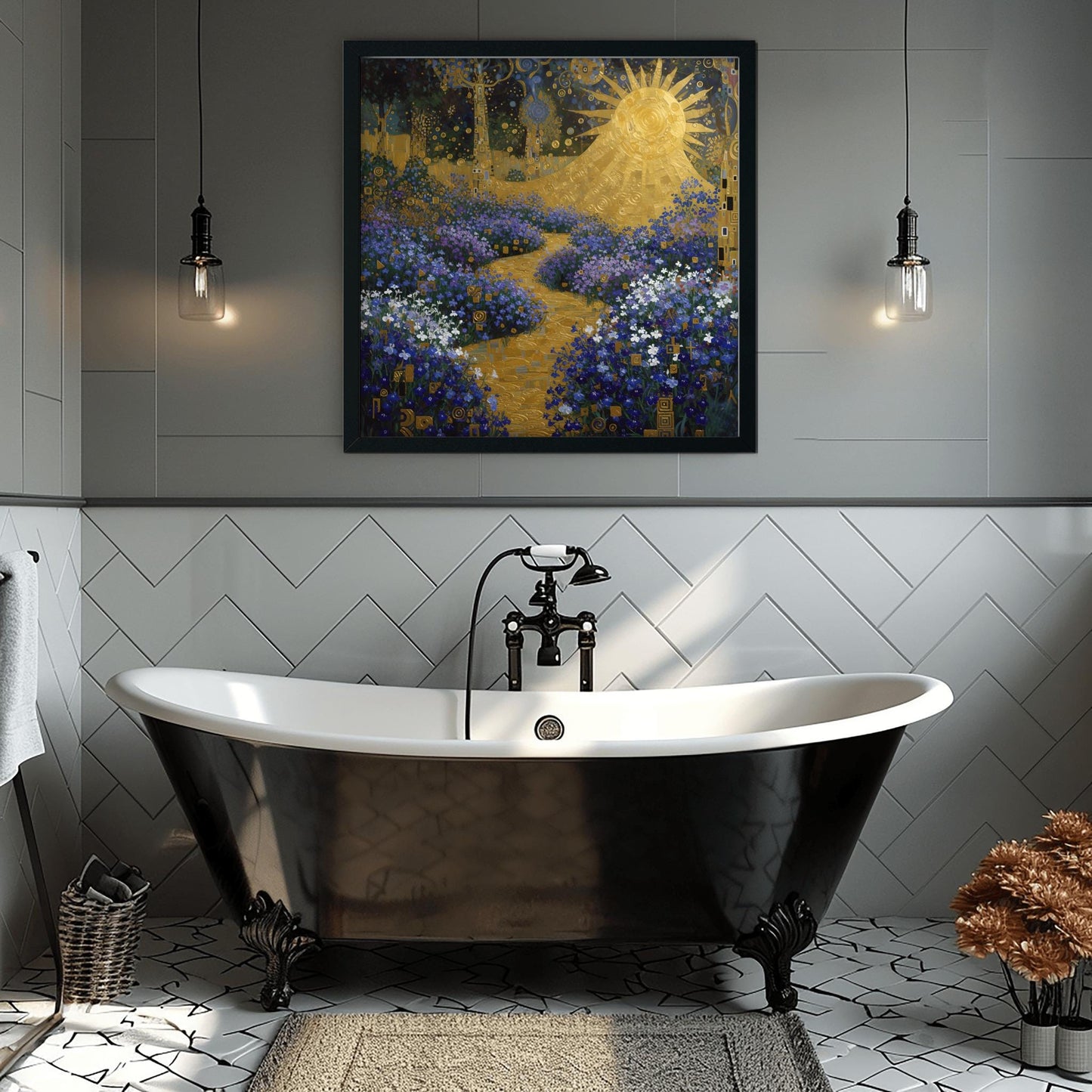 Gustav Klimt lobelia Garden Inspiration Print, Golden Sun Wall Art, Mystical Floral Landscape Poster, Art Nouveau Decor