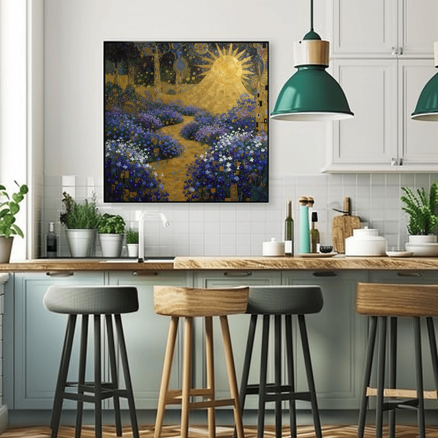 Gustav Klimt lobelia Garden Inspiration Print, Golden Sun Wall Art, Mystical Floral Landscape Poster, Art Nouveau Decor