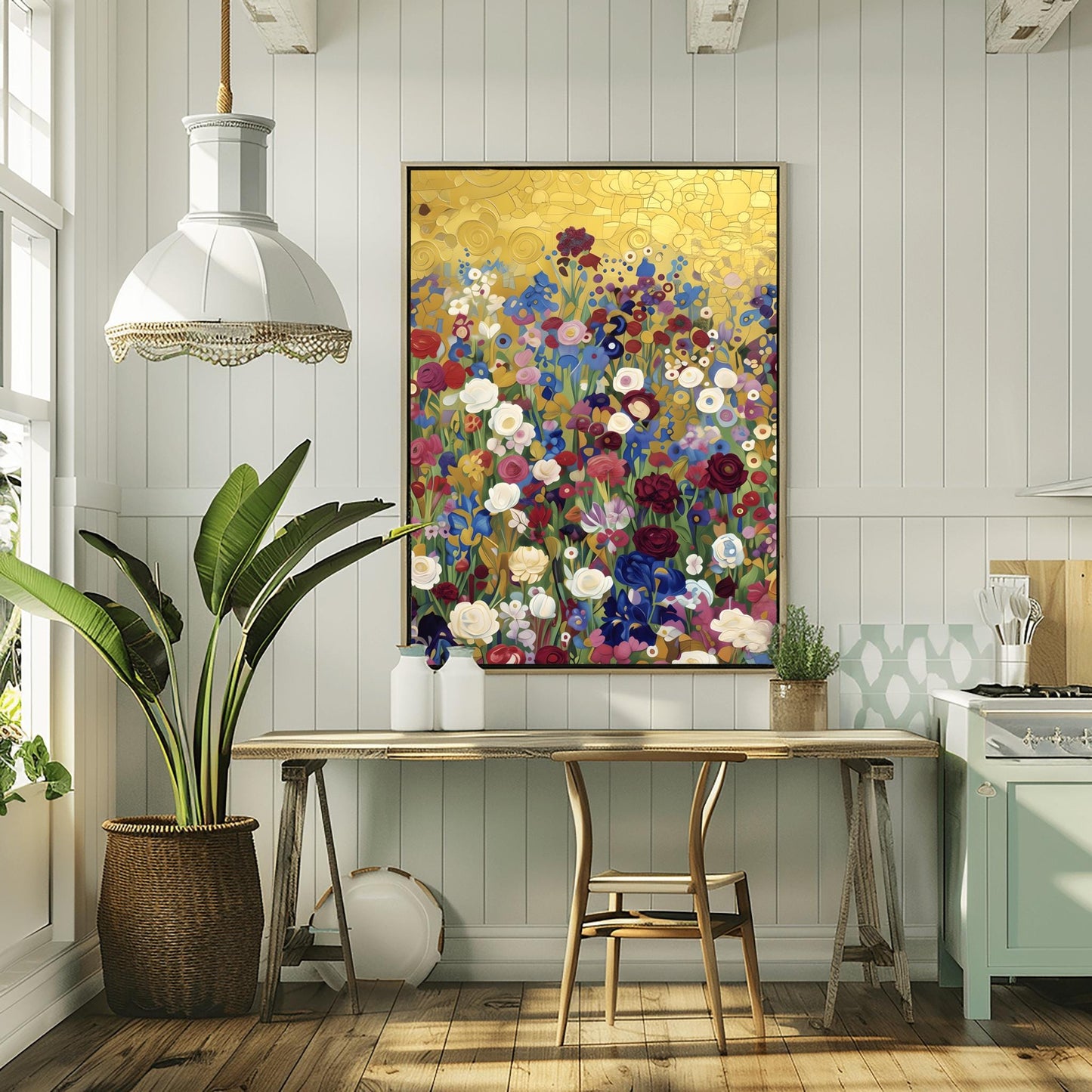 Klimt Floral Meadow Print, Abstract Flower Field Art, Vibrant Gold Aesthetic Poster, Eclectic Wall Decor