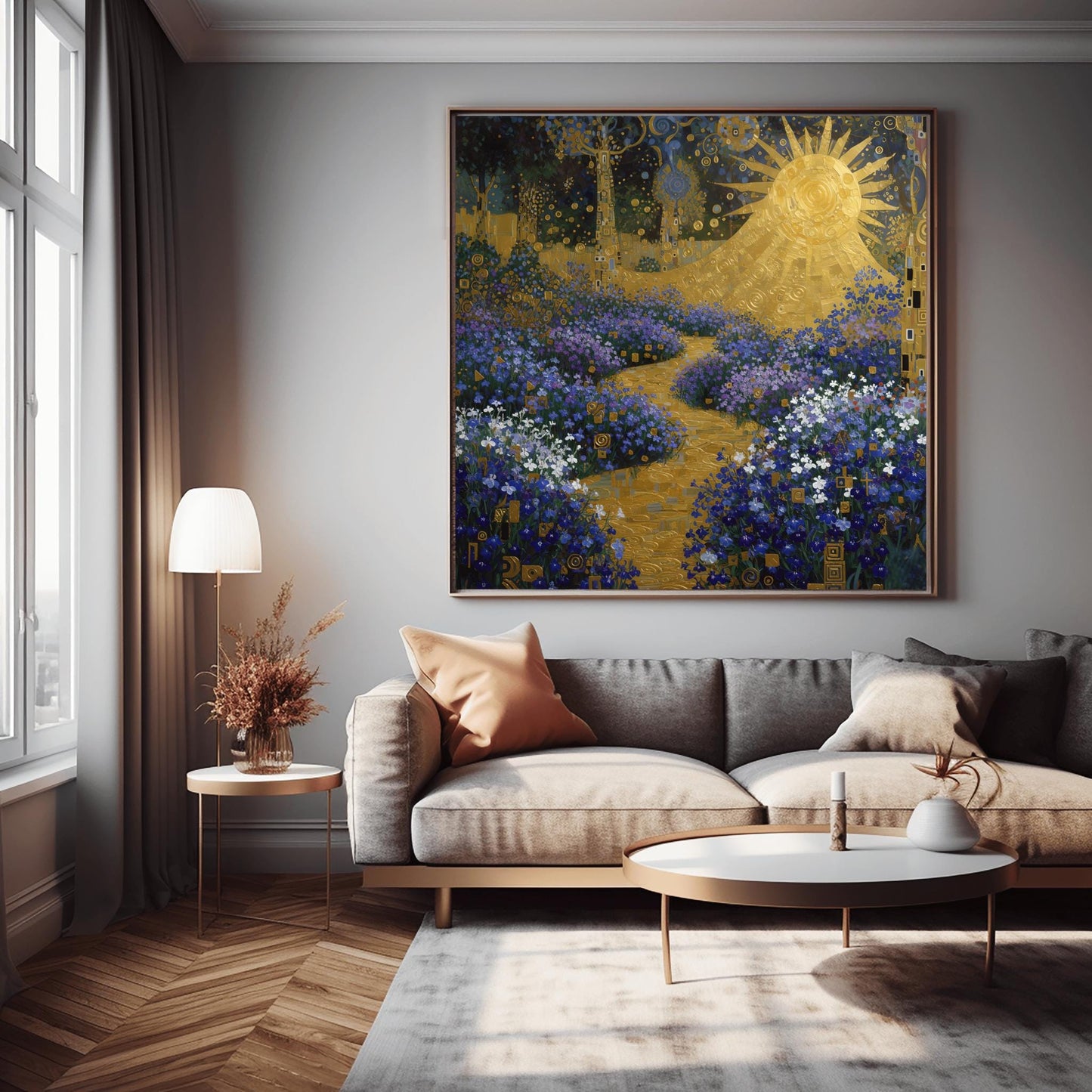 Gustav Klimt lobelia Garden Inspiration Print, Golden Sun Wall Art, Mystical Floral Landscape Poster, Art Nouveau Decor