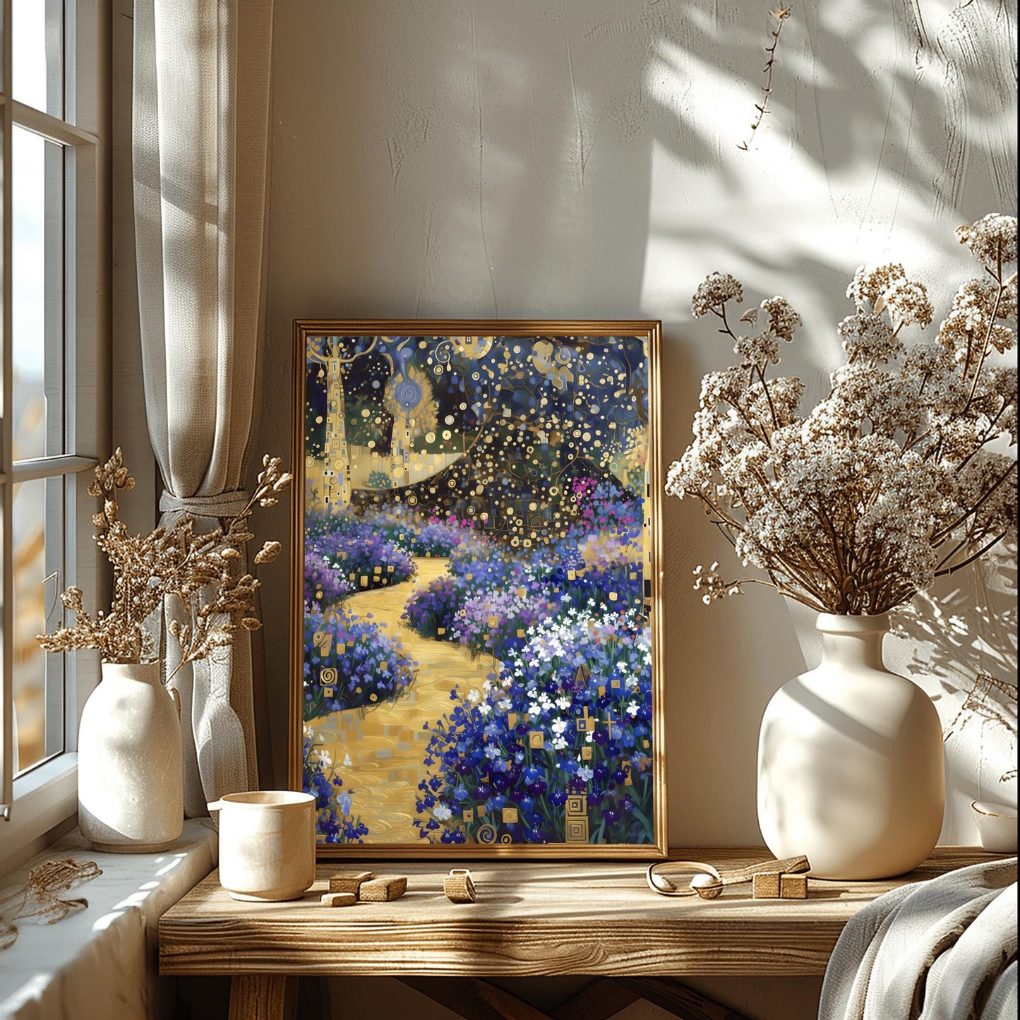 Gustav Klimt Golden Lobelia Garden Print, Art Nouveau Floral Path Poster, Mystical Blue & Gold Decor