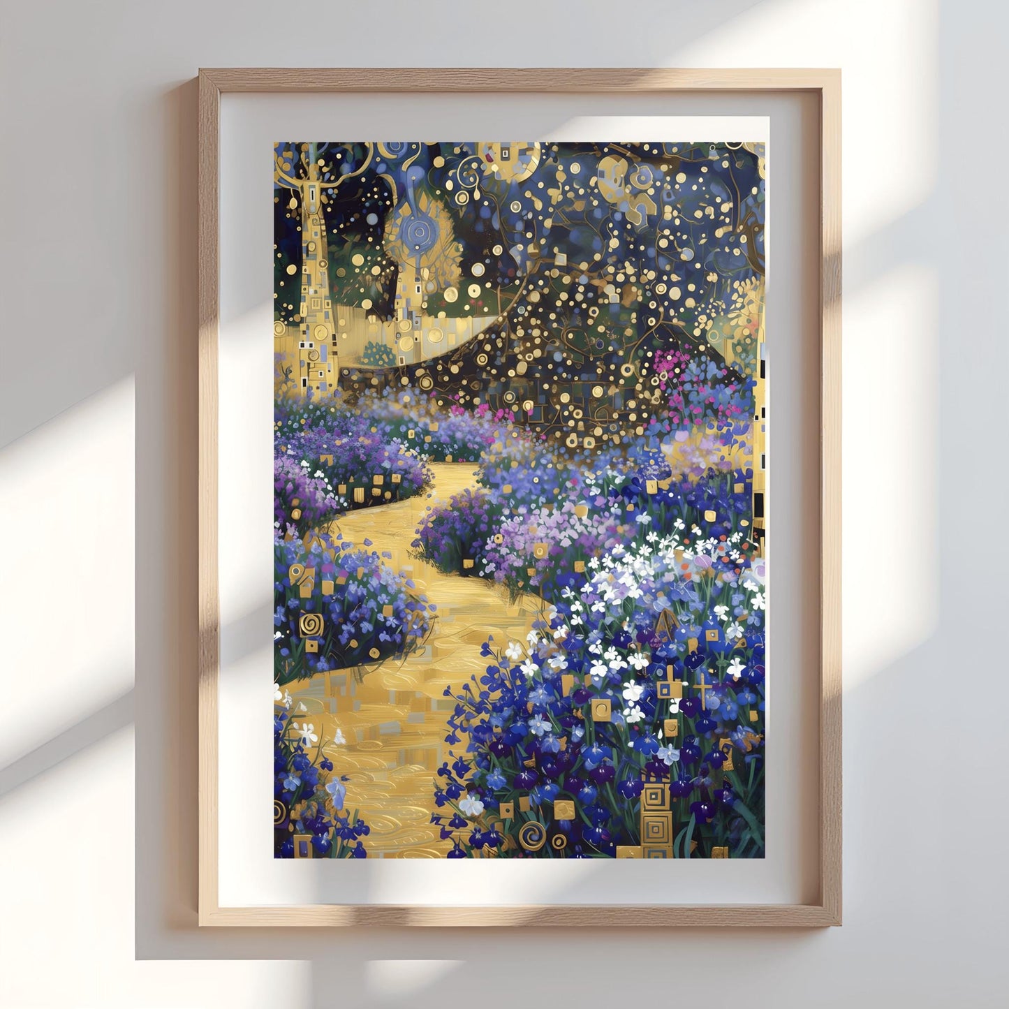 Gustav Klimt Golden Lobelia Garden Print, Art Nouveau Floral Path Poster, Mystical Blue & Gold Decor