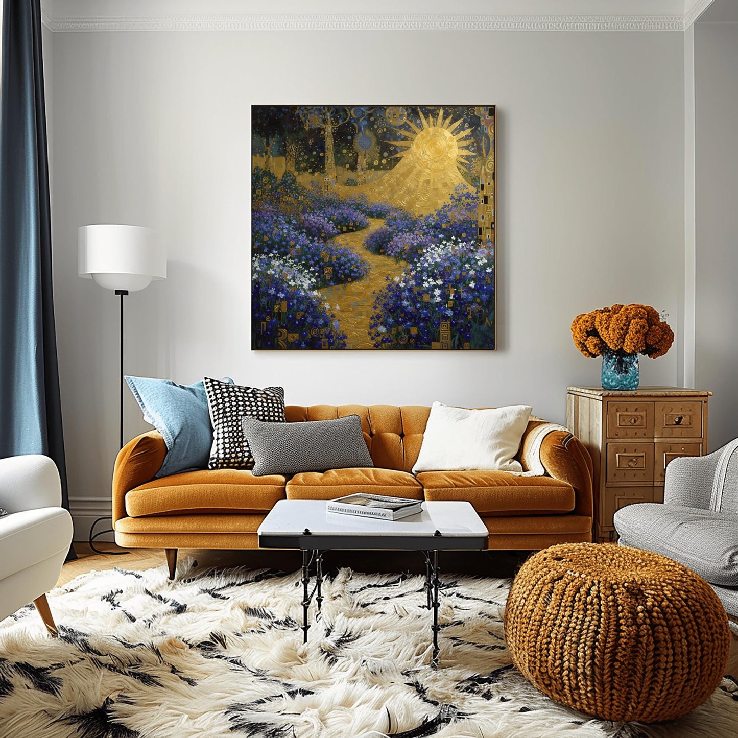 Gustav Klimt lobelia Garden Inspiration Print, Golden Sun Wall Art, Mystical Floral Landscape Poster, Art Nouveau Decor