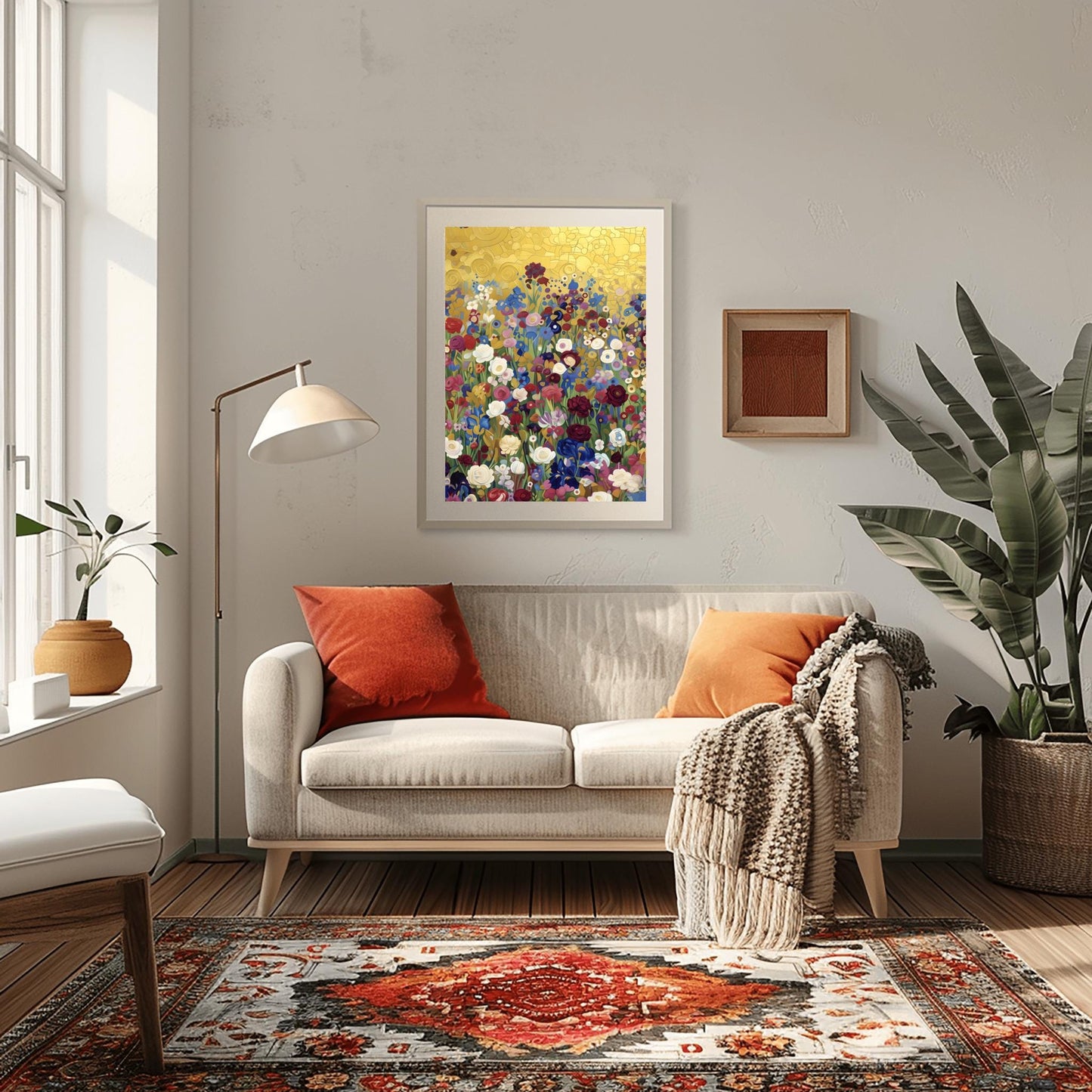 Klimt Floral Meadow Print, Abstract Flower Field Art, Vibrant Gold Aesthetic Poster, Eclectic Wall Decor