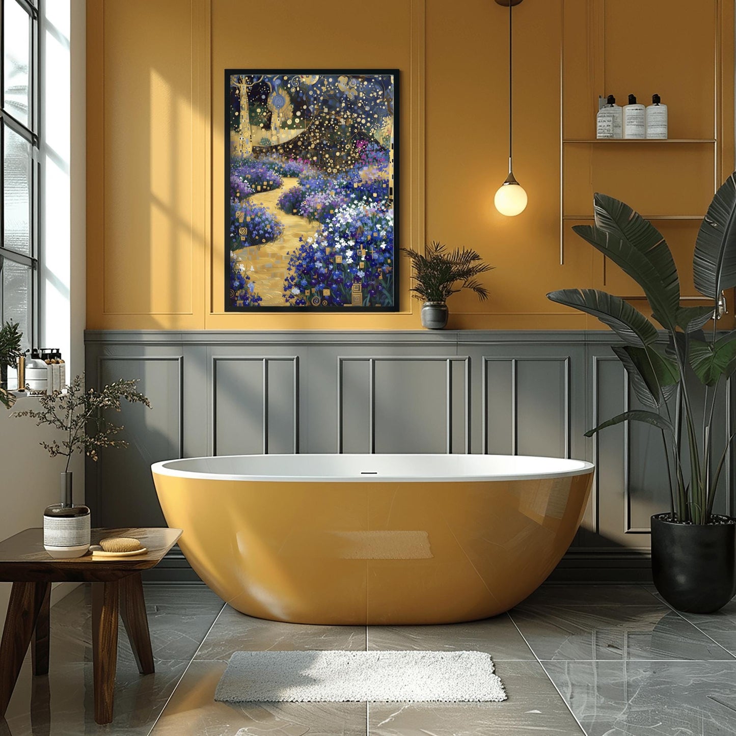 Gustav Klimt Golden Lobelia Garden Print, Art Nouveau Floral Path Poster, Mystical Blue & Gold Decor