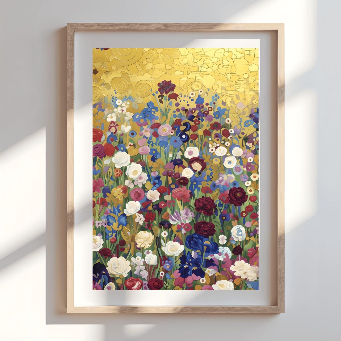 Klimt Floral Meadow Print, Abstract Flower Field Art, Vibrant Gold Aesthetic Poster, Eclectic Wall Decor