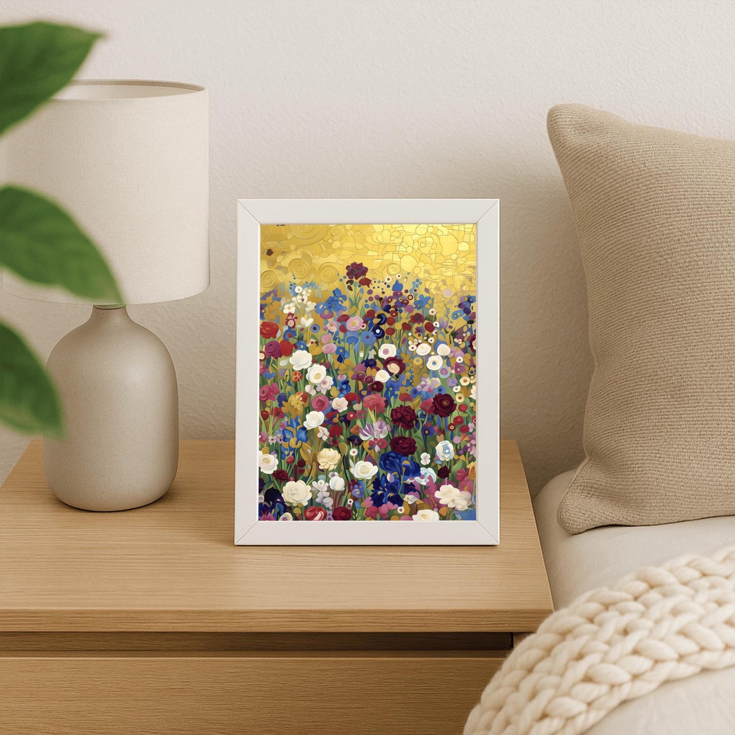 Klimt Floral Meadow Print, Abstract Flower Field Art, Vibrant Gold Aesthetic Poster, Eclectic Wall Decor