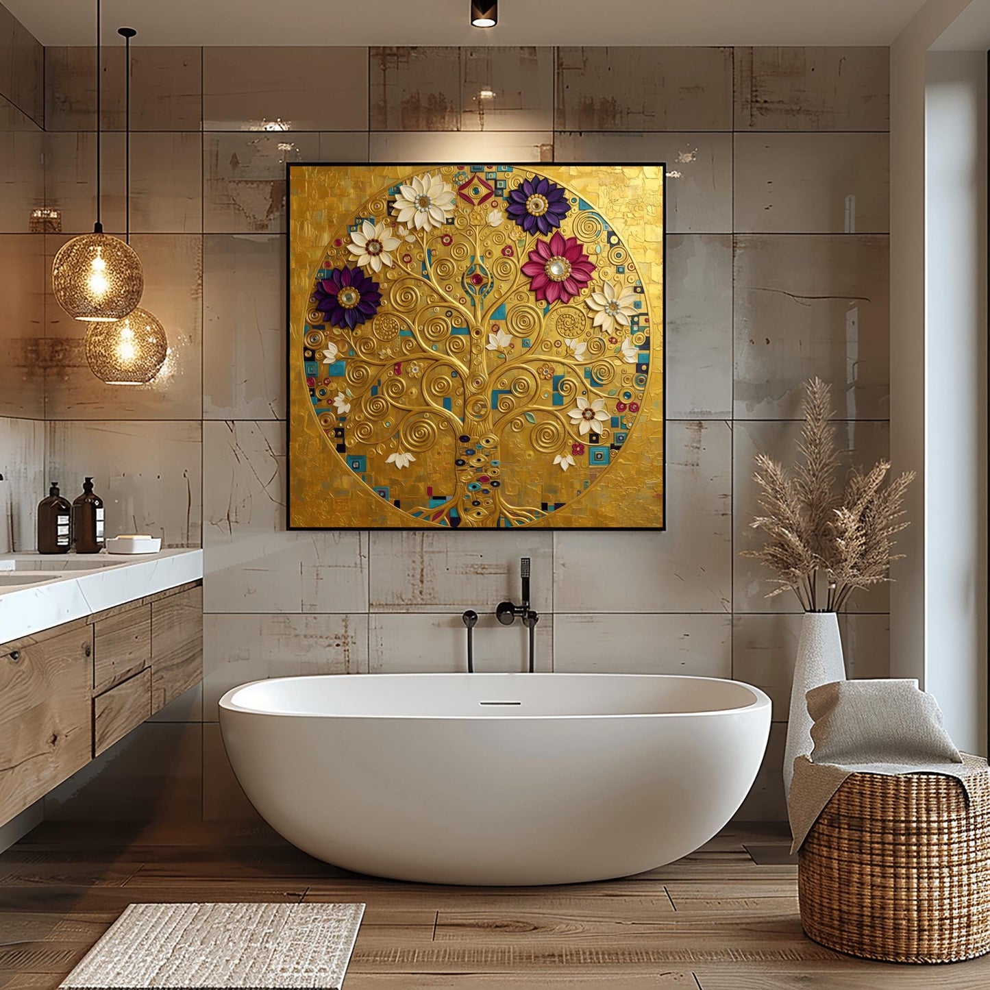 Klimt Tree of Life Masterpiece Print, Golden Mandala Wall Art, Abstract Floral Circle Decor
