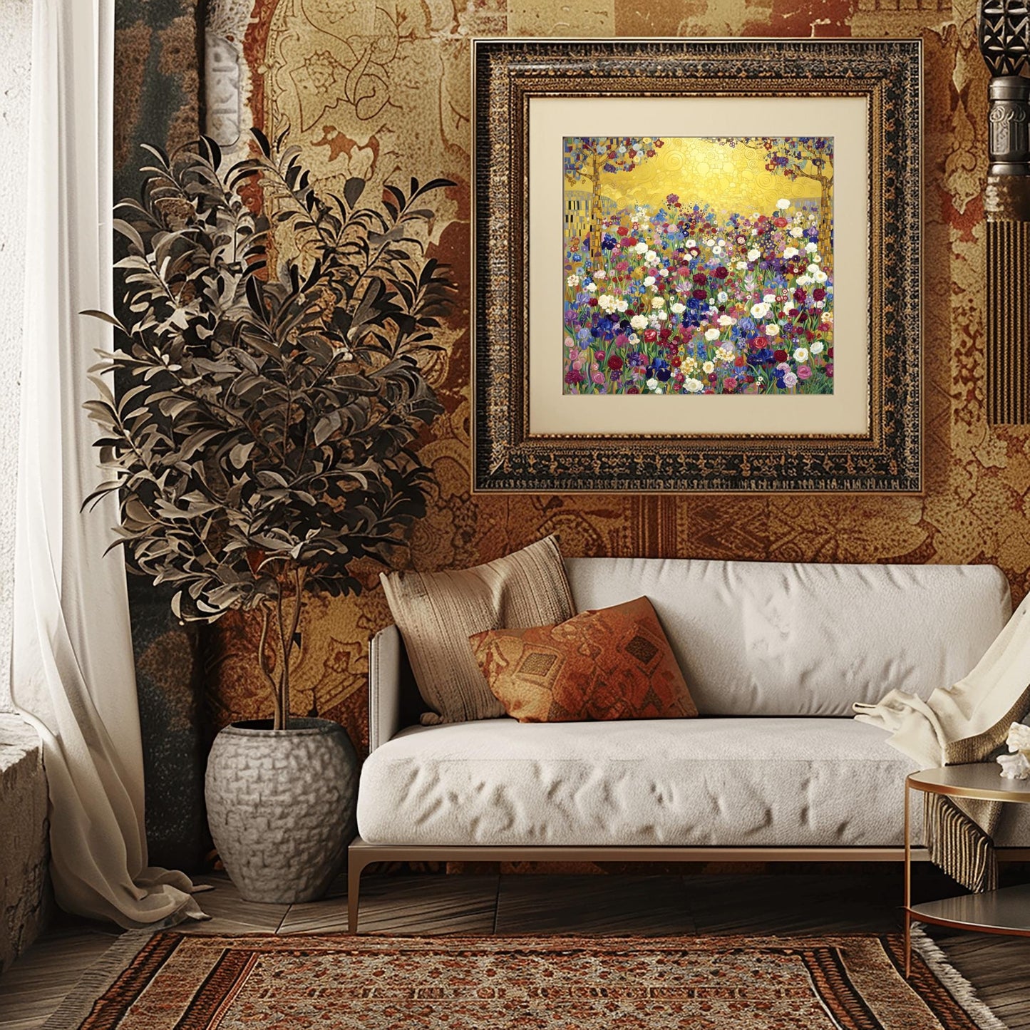 Klimt Floral Meadow Masterpiece Inspiration Print, Gold Art Nouveau Wildflower Poster, Vibrant Eclectic Decor