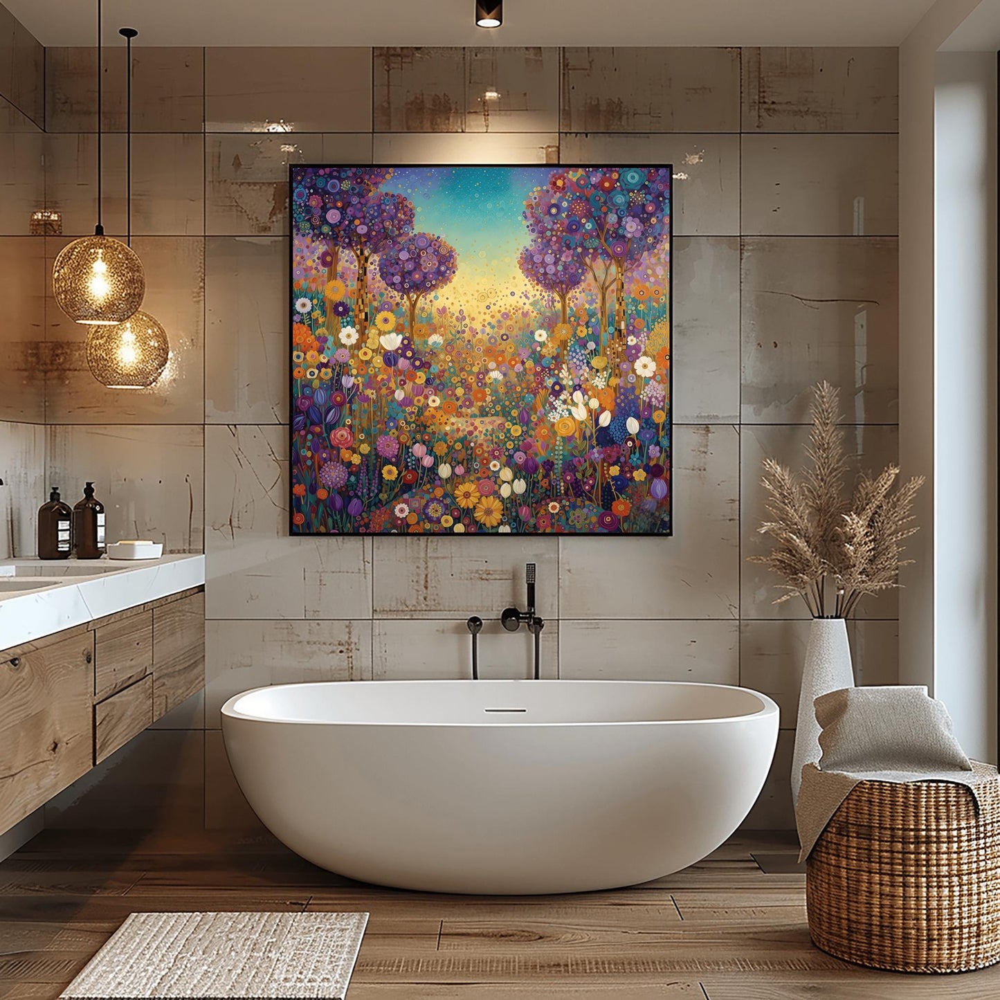 Klimt Whimsical Floral Meadow Print, Abstract Purple Tree Art, Vibrant Garden Landscape Poster