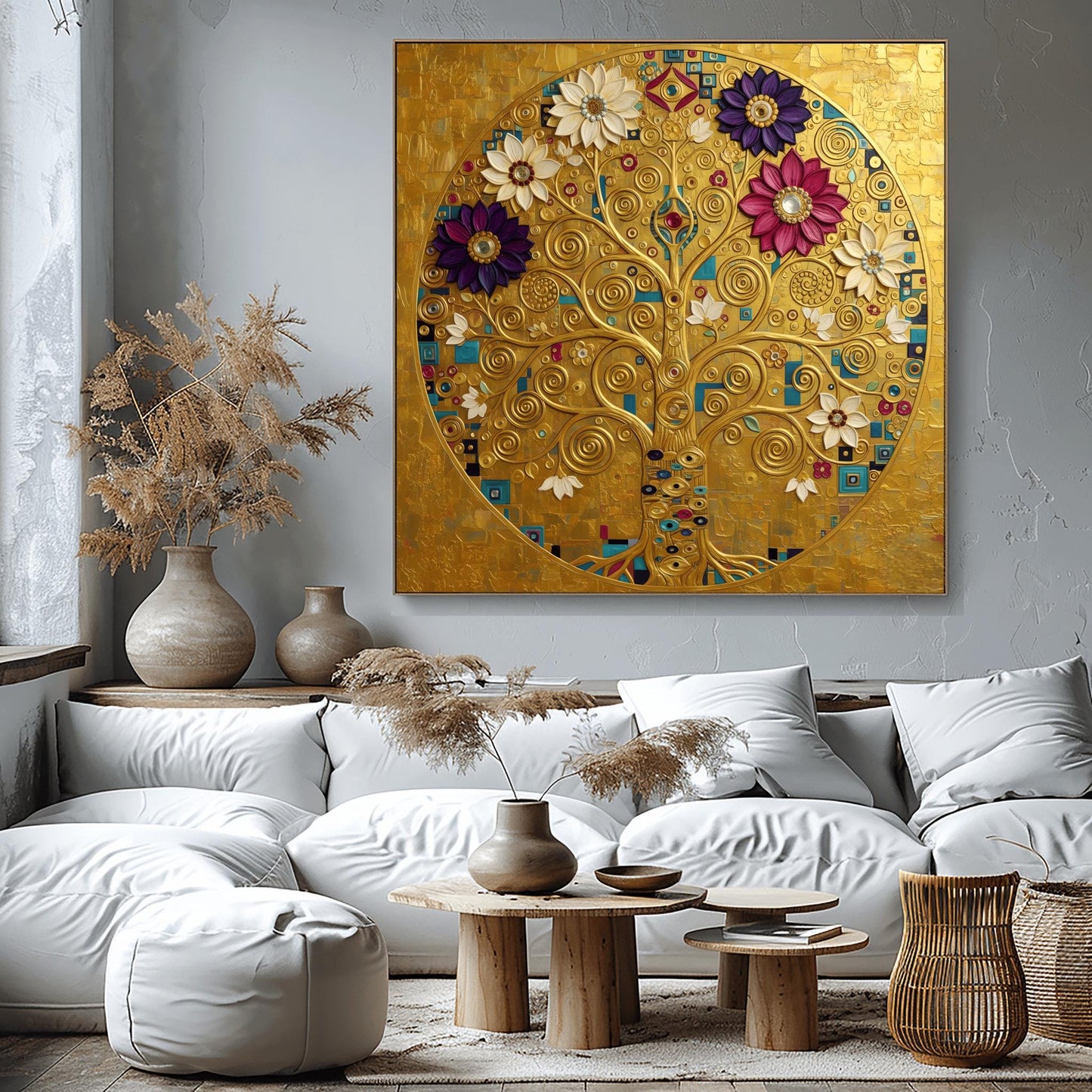 Klimt Tree of Life Masterpiece Print, Golden Mandala Wall Art, Abstract Floral Circle Decor