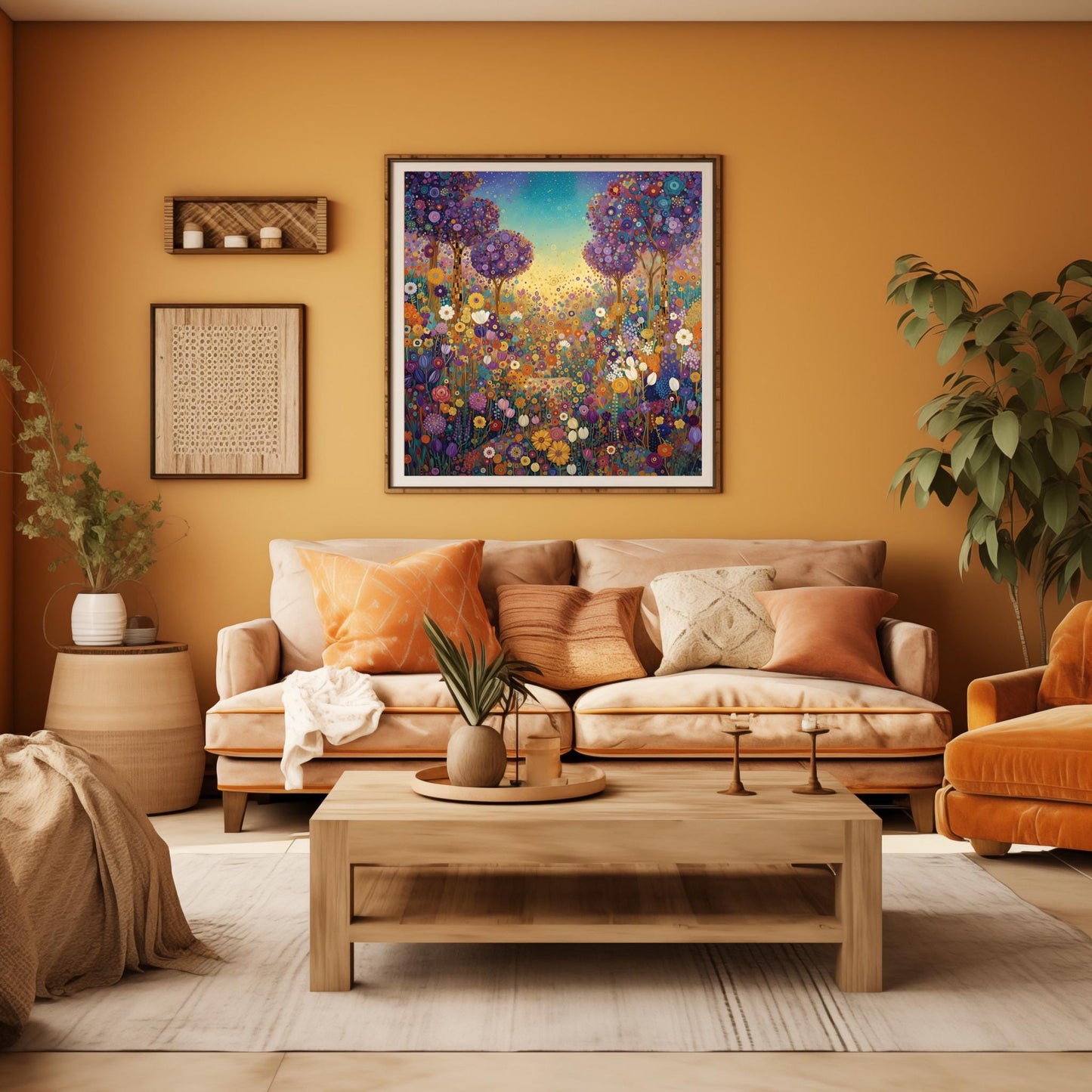 Klimt Whimsical Floral Meadow Print, Abstract Purple Tree Art, Vibrant Garden Landscape Poster