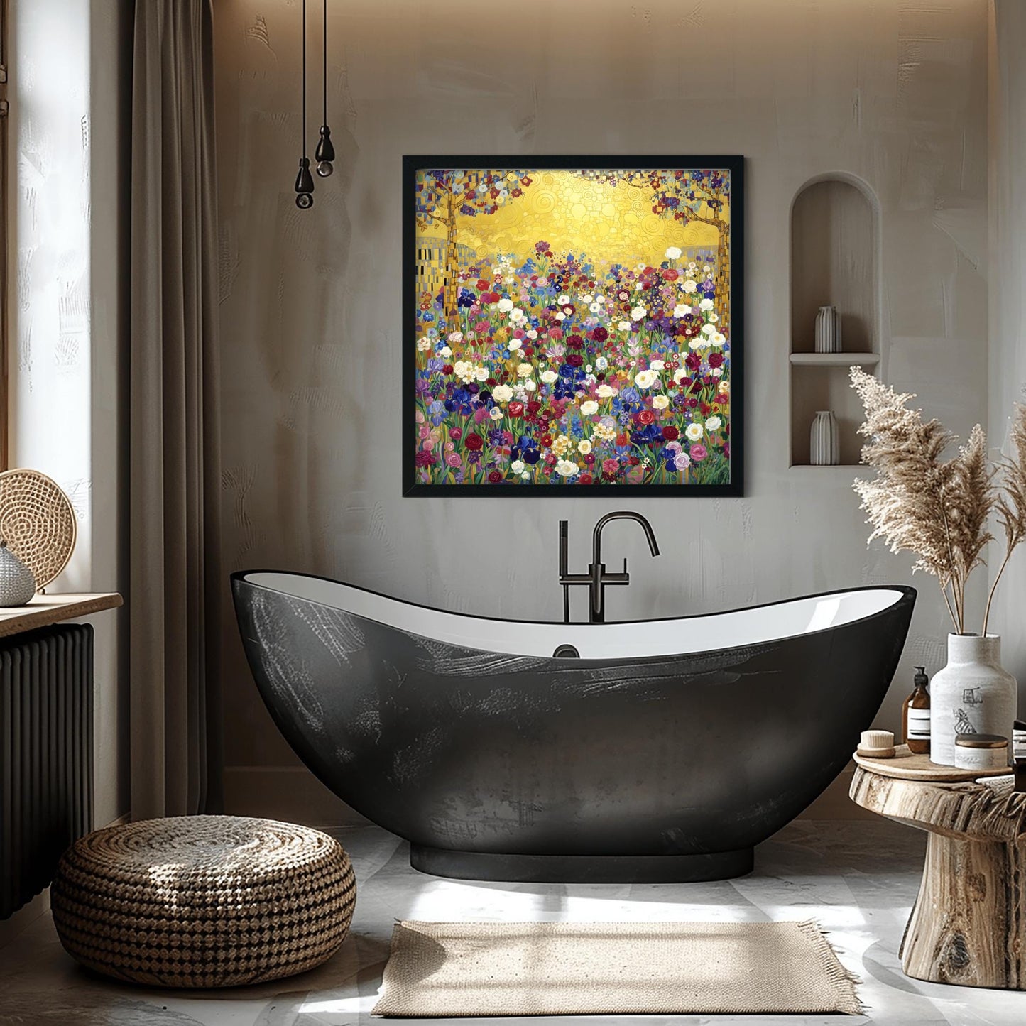 Klimt Floral Meadow Masterpiece Inspiration Print, Gold Art Nouveau Wildflower Poster, Vibrant Eclectic Decor