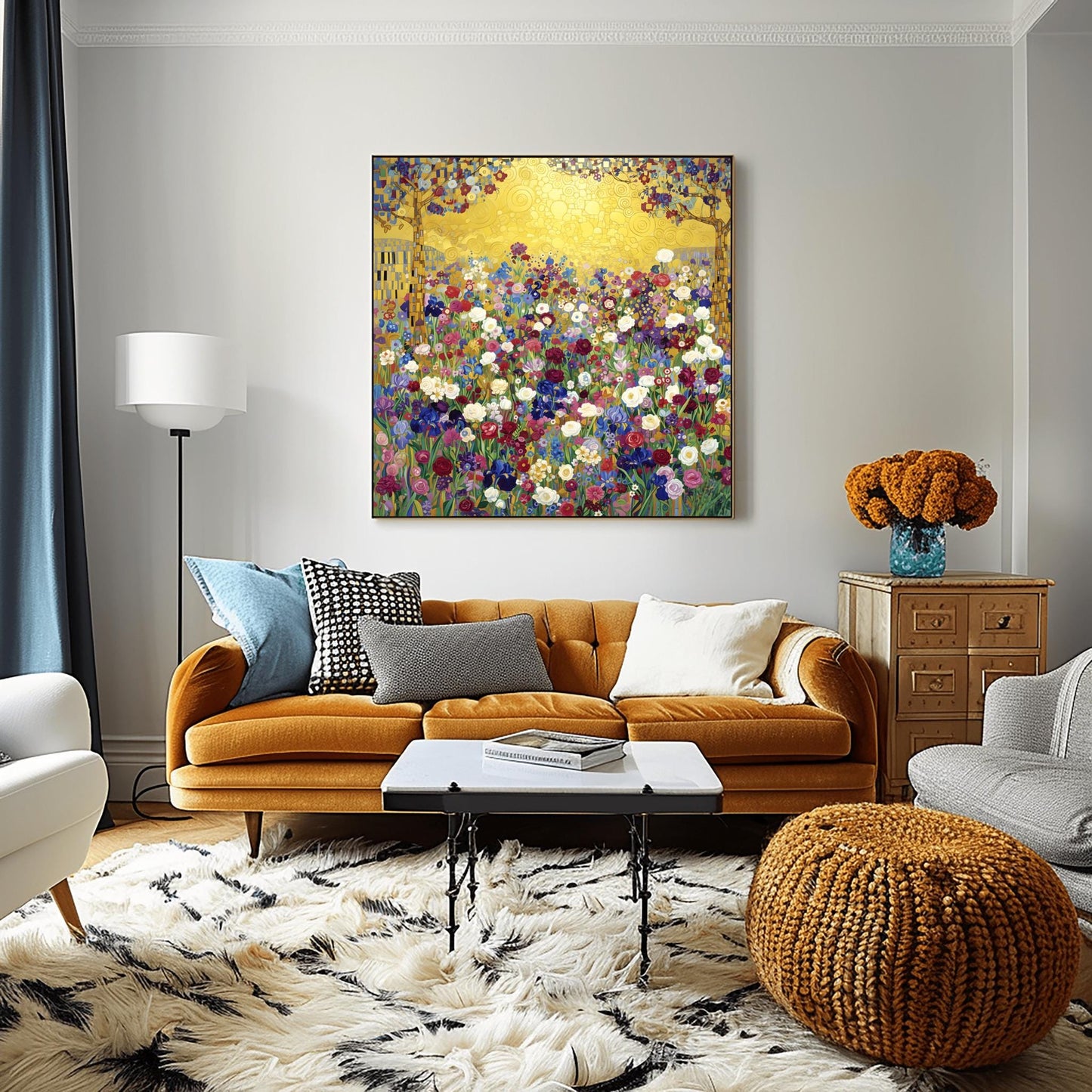 Klimt Floral Meadow Masterpiece Inspiration Print, Gold Art Nouveau Wildflower Poster, Vibrant Eclectic Decor