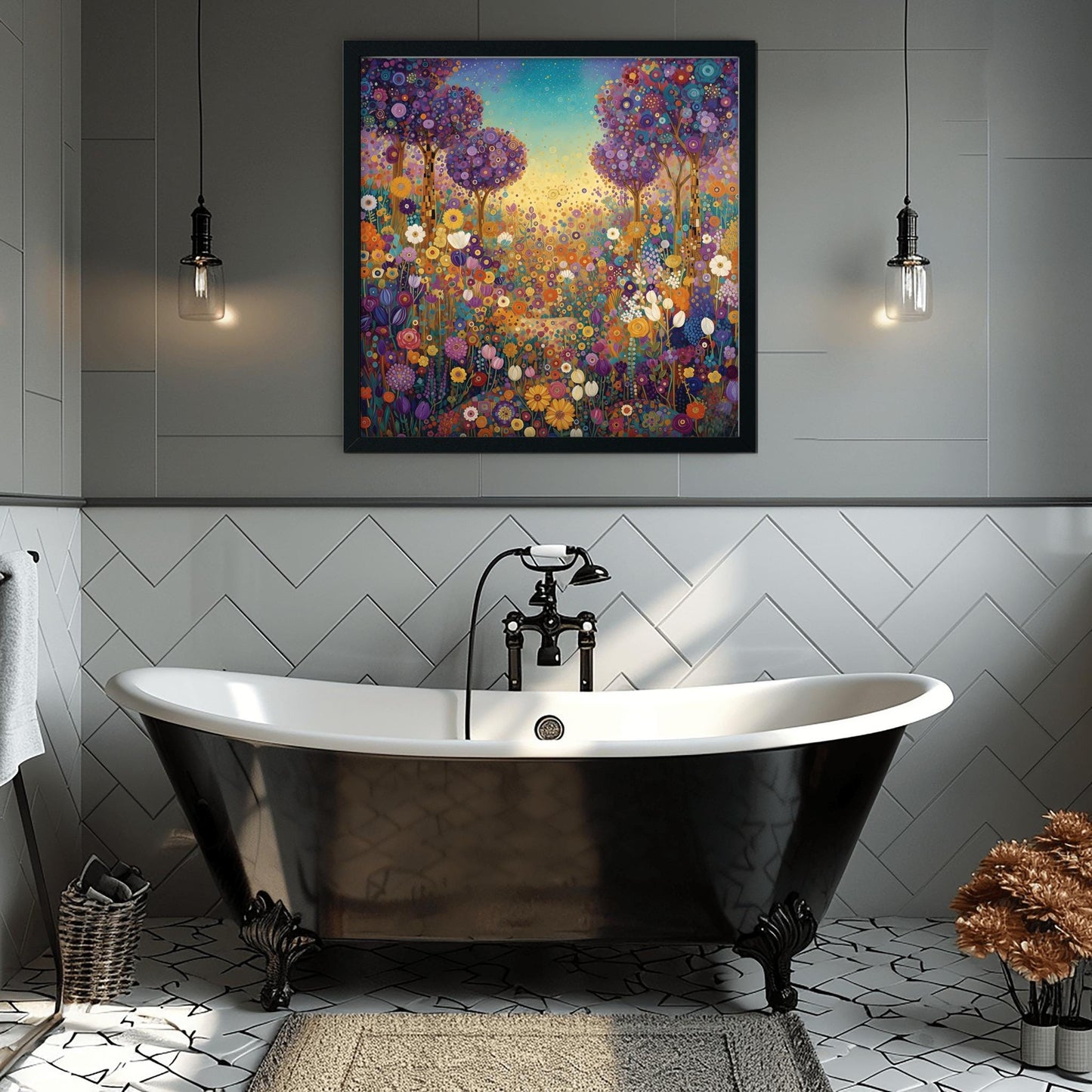 Klimt Whimsical Floral Meadow Print, Abstract Purple Tree Art, Vibrant Garden Landscape Poster