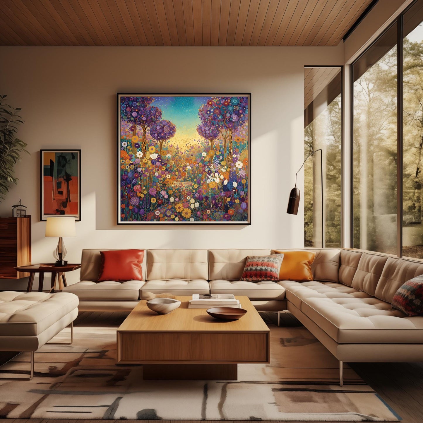 Klimt Whimsical Floral Meadow Print, Abstract Purple Tree Art, Vibrant Garden Landscape Poster