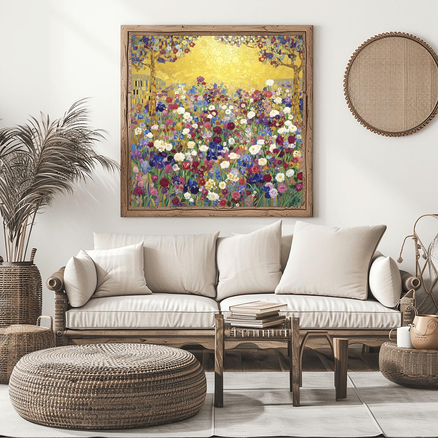 Klimt Floral Meadow Masterpiece Inspiration Print, Gold Art Nouveau Wildflower Poster, Vibrant Eclectic Decor