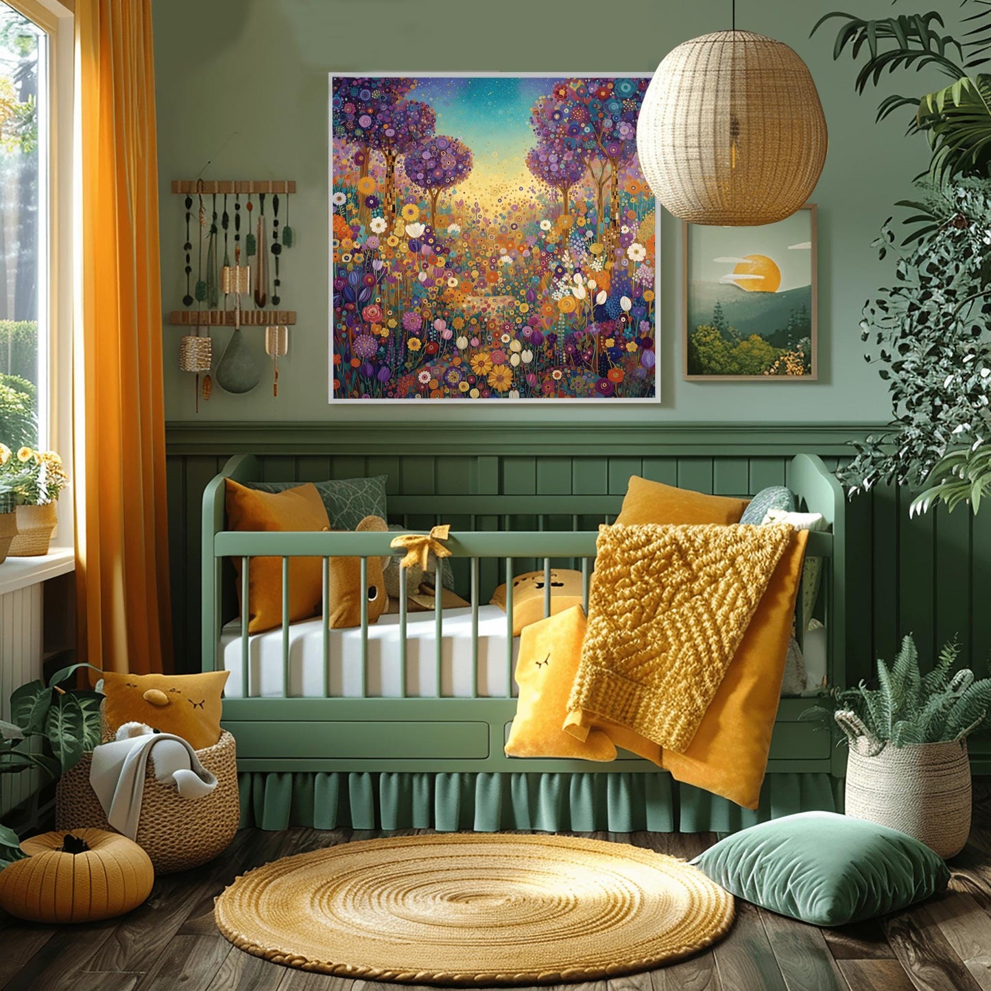 Klimt Whimsical Floral Meadow Print, Abstract Purple Tree Art, Vibrant Garden Landscape Poster