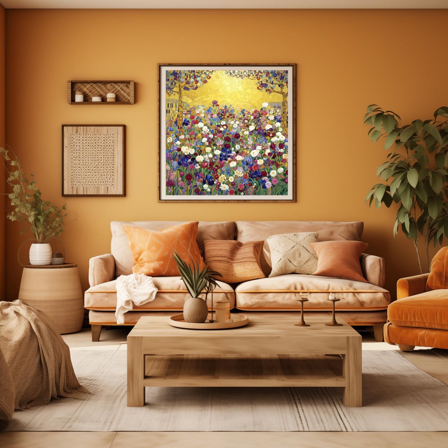 Klimt Floral Meadow Masterpiece Inspiration Print, Gold Art Nouveau Wildflower Poster, Vibrant Eclectic Decor