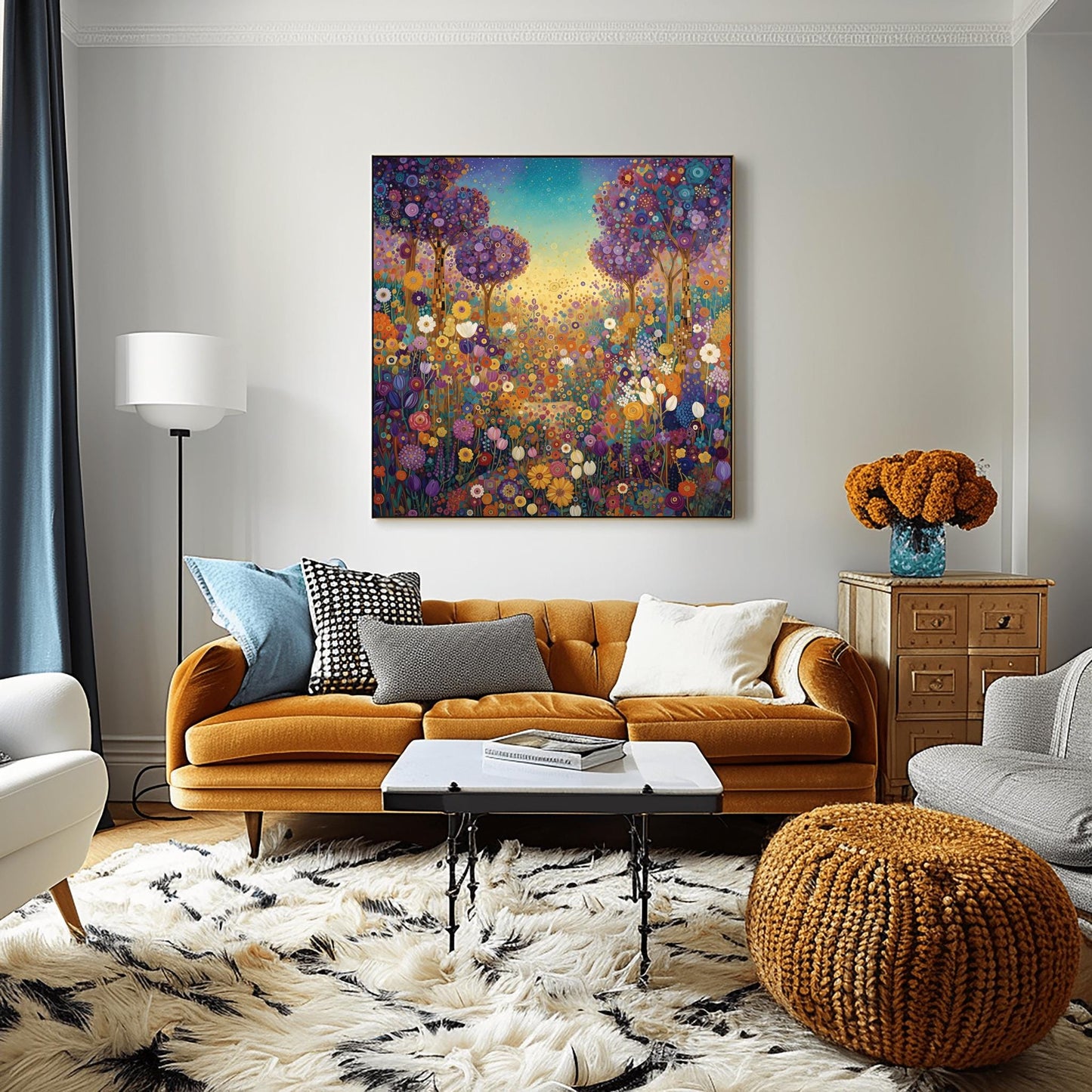 Klimt Whimsical Floral Meadow Print, Abstract Purple Tree Art, Vibrant Garden Landscape Poster