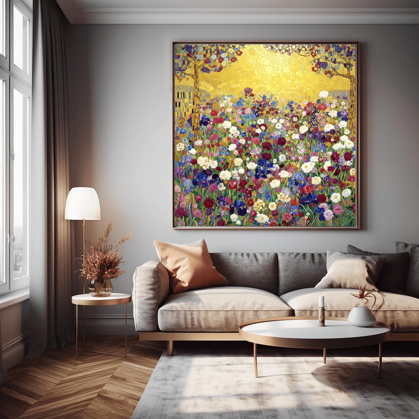 Klimt Floral Meadow Masterpiece Inspiration Print, Gold Art Nouveau Wildflower Poster, Vibrant Eclectic Decor