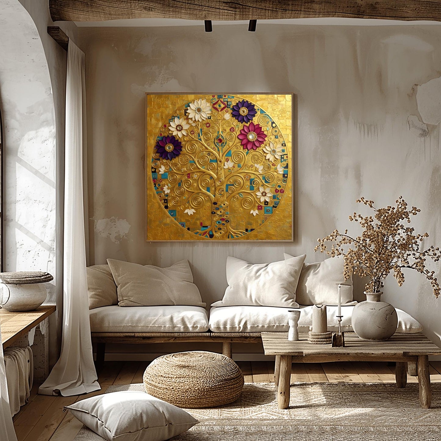 Klimt Tree of Life Masterpiece Print, Golden Mandala Wall Art, Abstract Floral Circle Decor