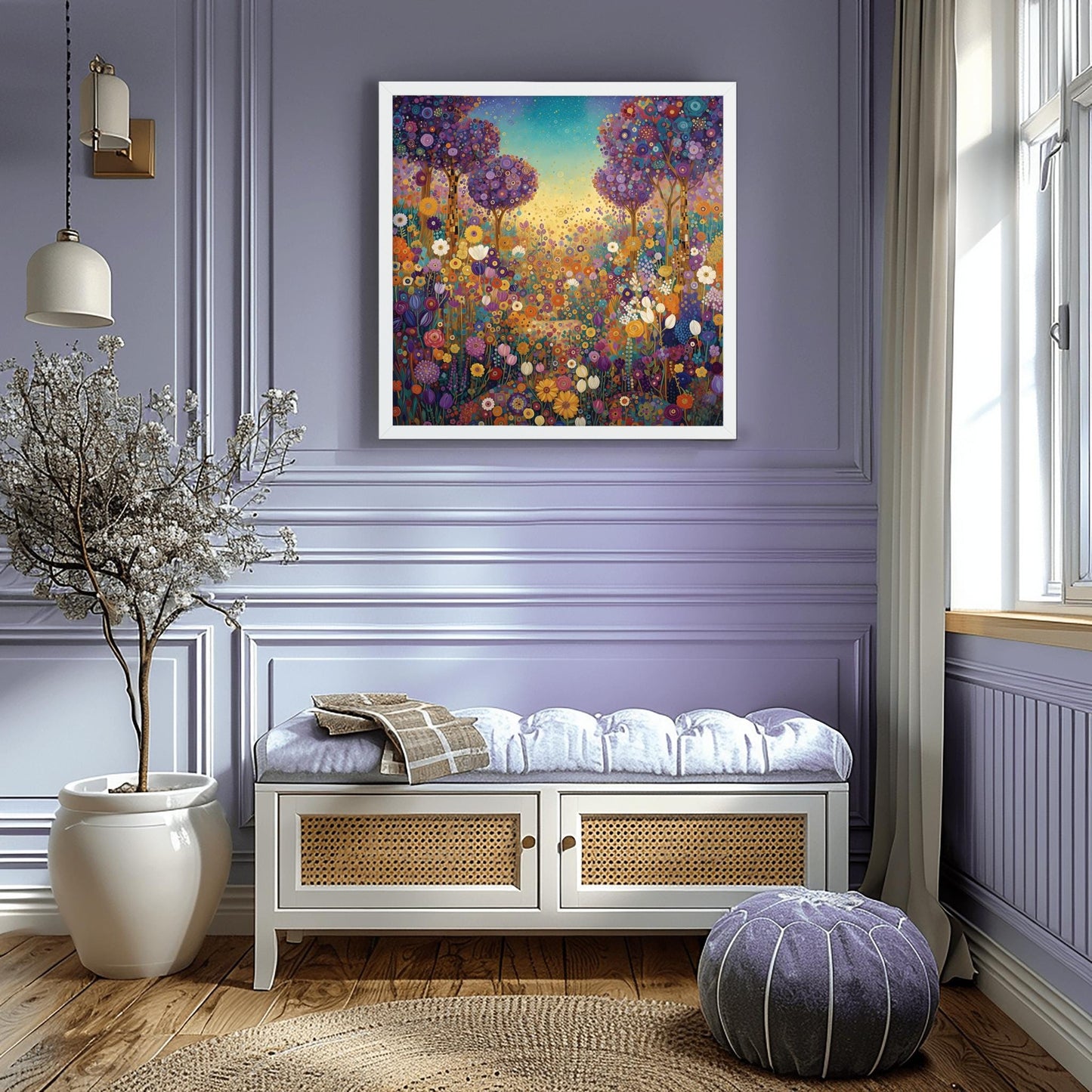 Klimt Whimsical Floral Meadow Print, Abstract Purple Tree Art, Vibrant Garden Landscape Poster