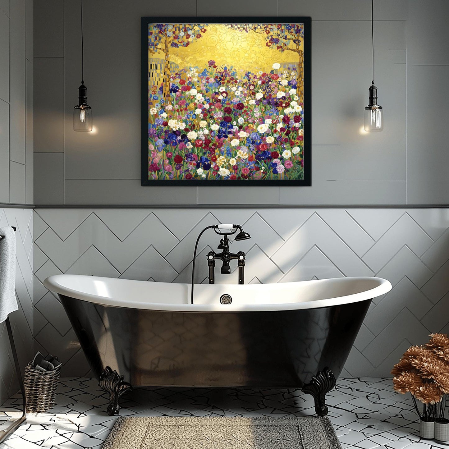 Klimt Floral Meadow Masterpiece Inspiration Print, Gold Art Nouveau Wildflower Poster, Vibrant Eclectic Decor