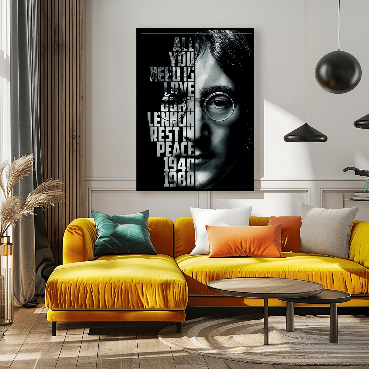 A striking physical poster print featuring a high-contrast black and white portrait of John Lennon, with the text 'ALL YOU NEED IS LOVE' and other meaningful phrases integrated into the design