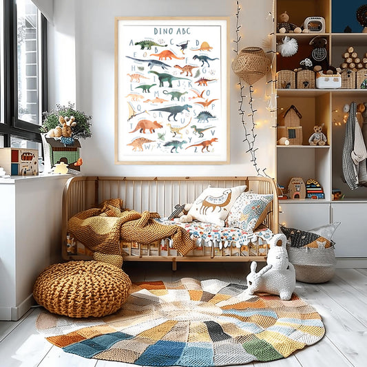 Educational dinosaur alphabet poster for kids featuring A–Z illustrated dinos with names, ideal for nursery or preschool wall decor.