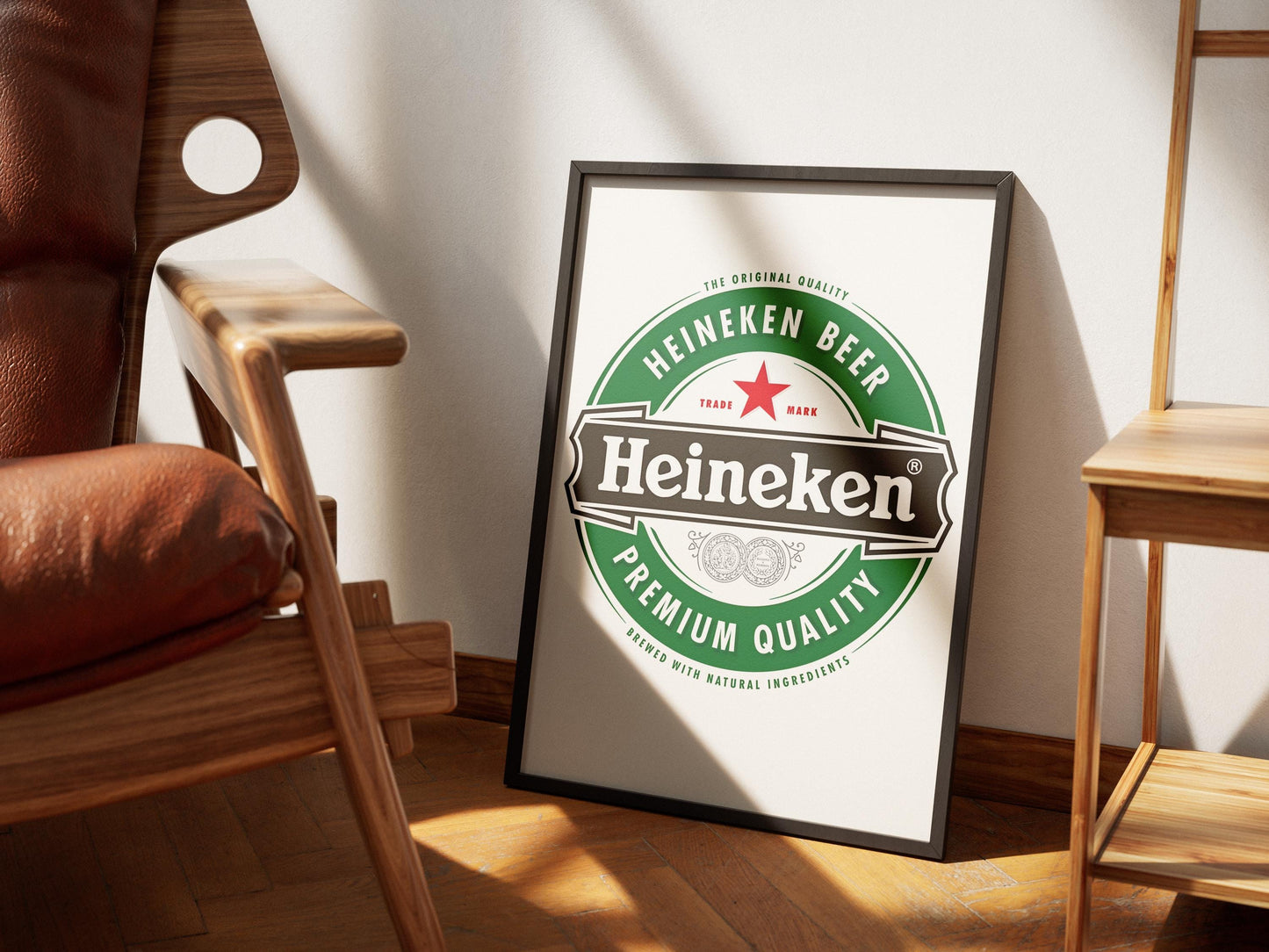 A sharp, bold art print featuring the iconic Heineken beer logo. The design prominently displays the vibrant green background, the distinct red star, and the crisp white 'Heineken' typography. This clean, graphic representation of the famous beverage brand is perfect for modern bar decor, a stylish man cave, pub wall art, or a contemporary kitchen. It's an ideal digital print gift for any Heineken enthusiast or collector of iconic beer branding, adding a sleek touch to any space.