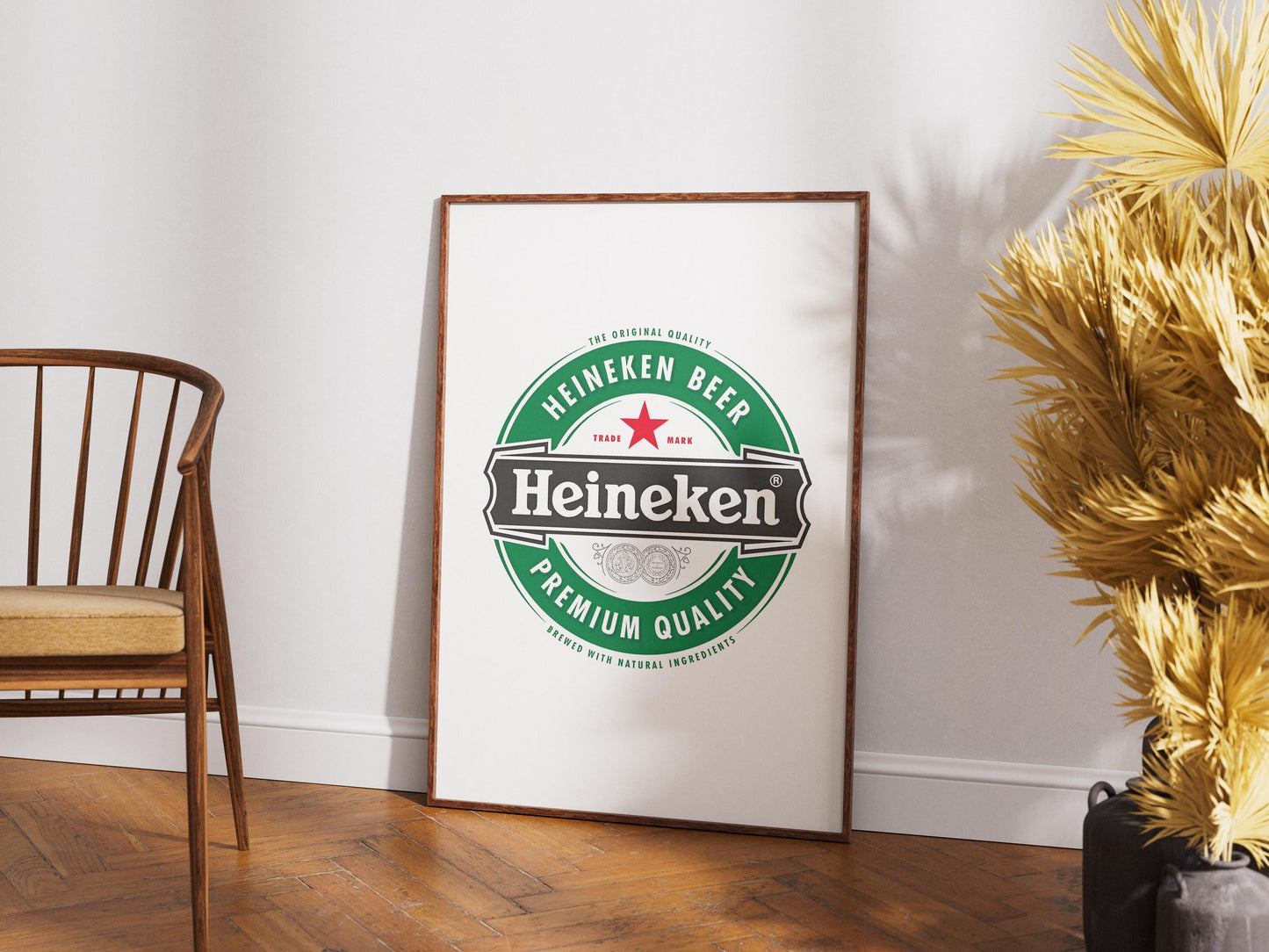 A sharp, bold art print featuring the iconic Heineken beer logo. The design prominently displays the vibrant green background, the distinct red star, and the crisp white 'Heineken' typography. This clean, graphic representation of the famous beverage brand is perfect for modern bar decor, a stylish man cave, pub wall art, or a contemporary kitchen. It's an ideal digital print gift for any Heineken enthusiast or collector of iconic beer branding, adding a sleek touch to any space.