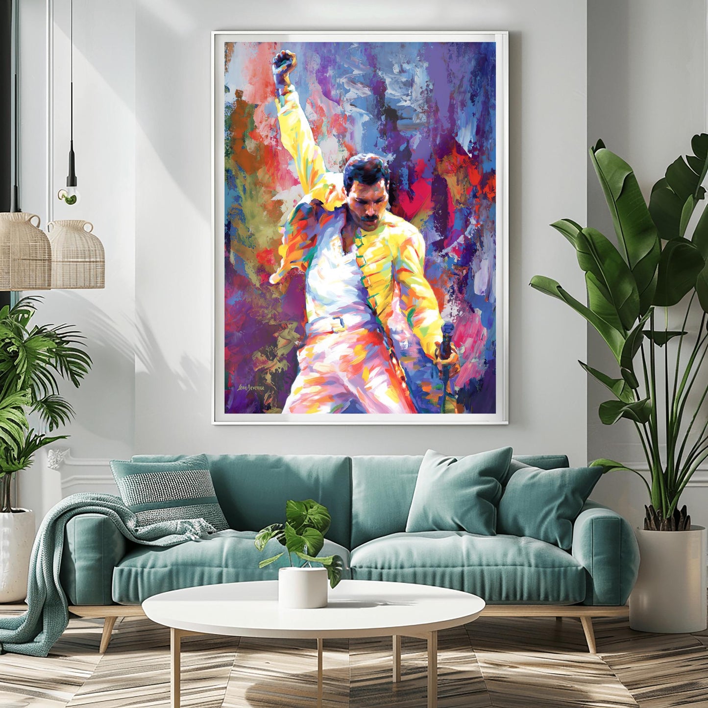 A vibrant physical poster print of Freddie Mercury in a dynamic, impressionistic style, perfect for Queen fans, music lovers, or unique wall art decor