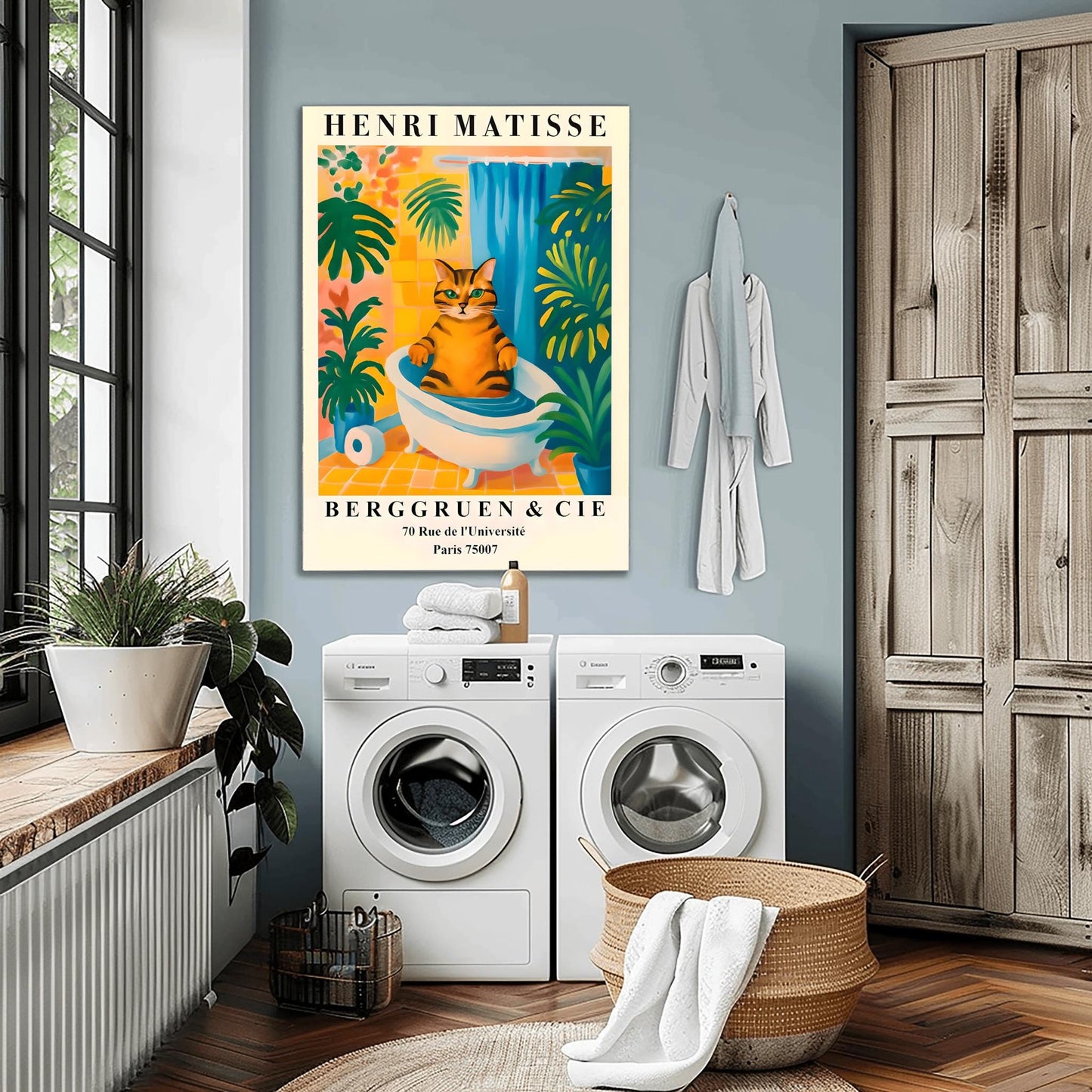 Funny Tabby Cat Bath Art Print, Matisse Style Bathroom Wall Decor, Pink Dopamine Mid Century Modern Illustration
