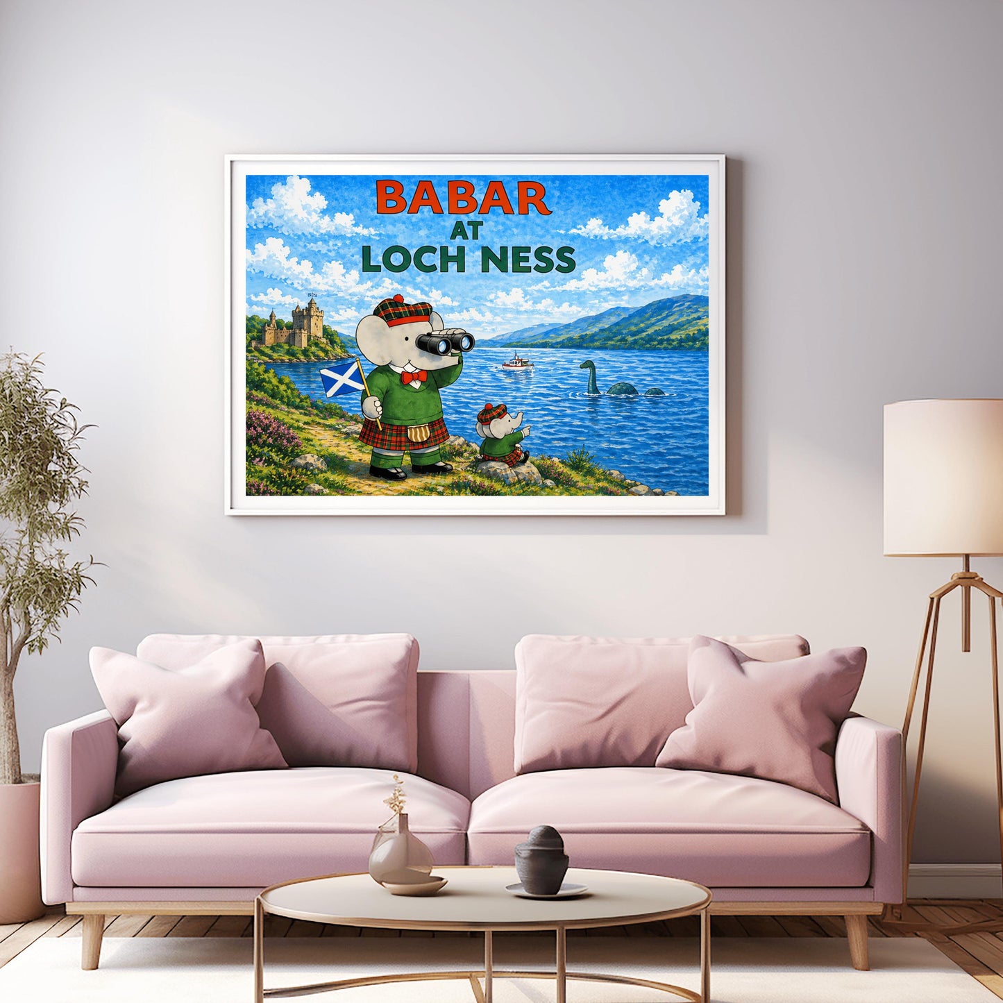 A horizontal watercolor-style illustration of Babar the Elephant in Scotland. Babar is on the left, wearing a green jacket and a red and green plaid kilt and hat. He holds a Scottish flag and looks through binoculars at Loch Ness. A smaller elephant in matching tartan sits on a rock nearby, pointing at a green long-necked sea monster in the water. In the background, a castle sits on a grassy hill to the left, and blue mountains rise behind the lake under a cloudy sky.