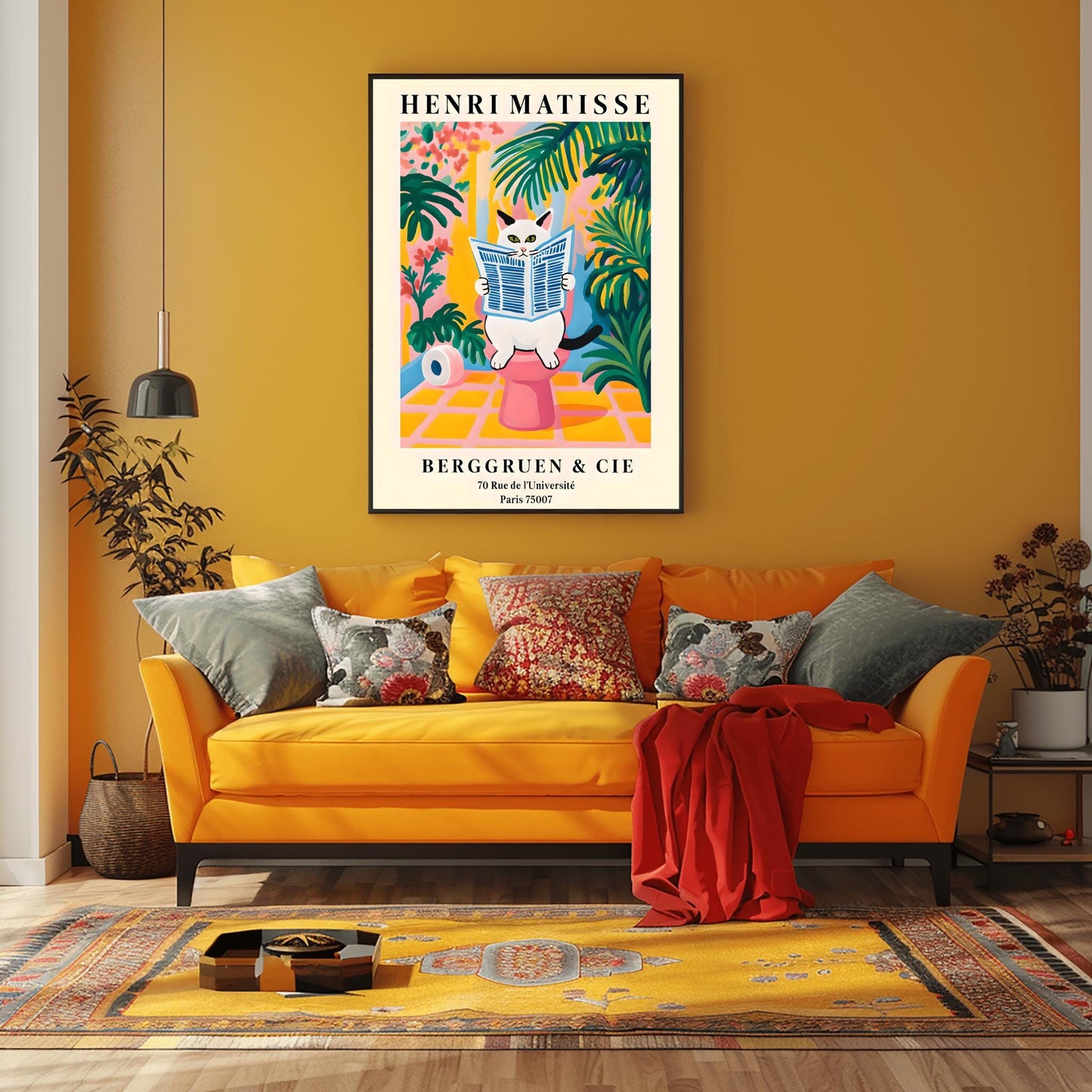 A whimsical, colorful poster in the style of Henri Matisse features an orange and black striped cat with green eyes sitting on a toilet, intently reading a blue-and-white striped newspaper. The bathroom setting is rendered in bold, flat blocks of color, dominated by pink, yellow, and green, with large leafy plants surrounding the cat. A roll of toilet paper is visible to the left. At the top, "HENRI MATISSE" is written in black capital letters.