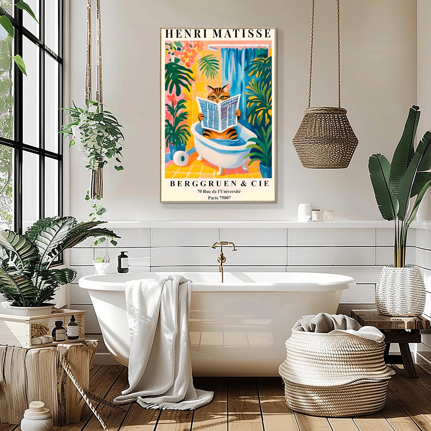 Bathroom with a bathtub, plants, and a Henri Matisse funny cat poster on the wall.