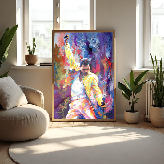 A vibrant physical poster print of Freddie Mercury in a dynamic, impressionistic style, perfect for Queen fans, music lovers, or unique wall art decor