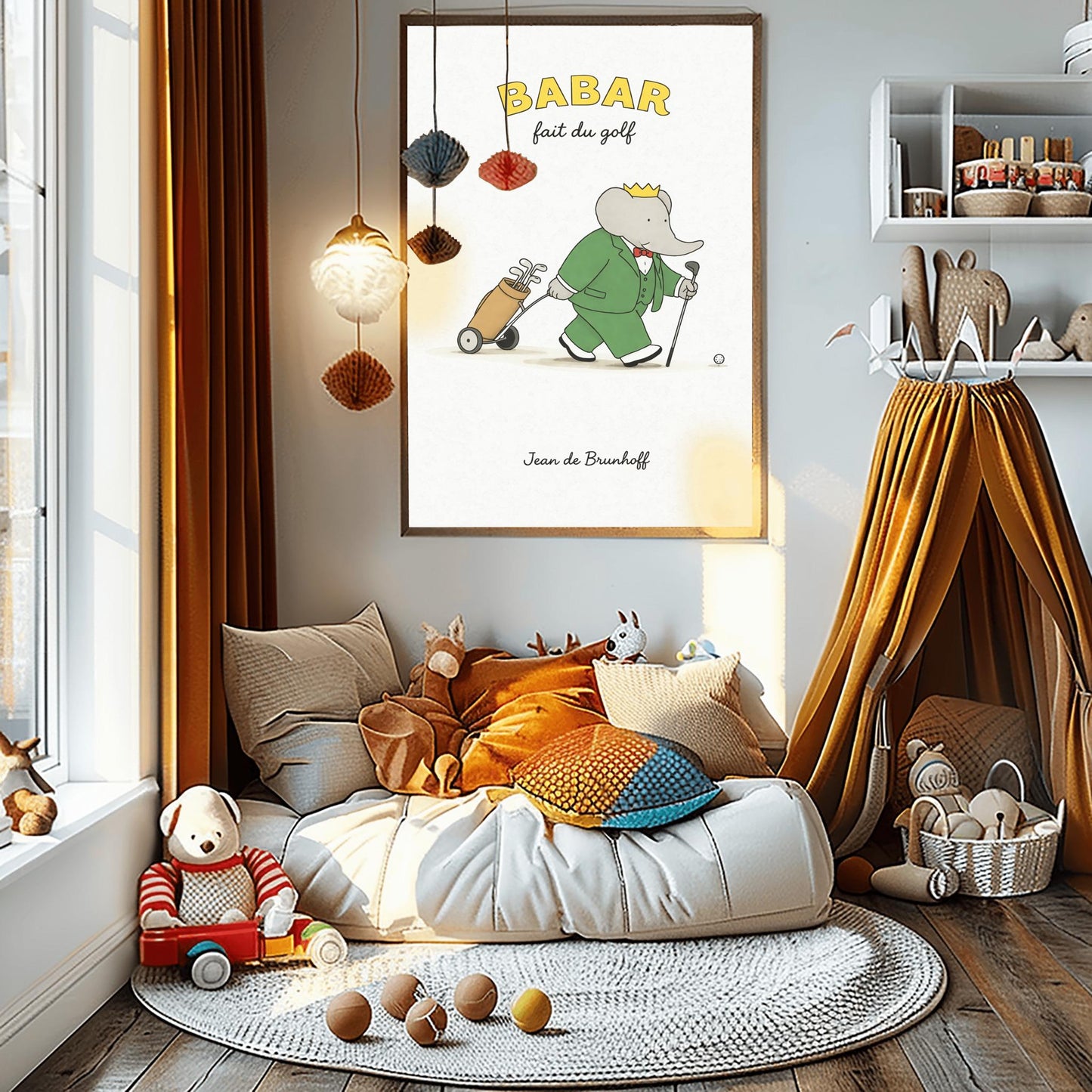 A vertical art print titled "BABAR fait du golf" in yellow letters. A grey elephant, Babar, is wearing a green suit, a red bow tie, and a gold crown. He is walking across a simple beige ground, holding a golf club and pulling a tan golf bag on a small two-wheeled cart. A single golf ball sits on the ground in front of him. The background is a minimalist off-white texture, and "Jean de Brunhoff" is written at the bottom.