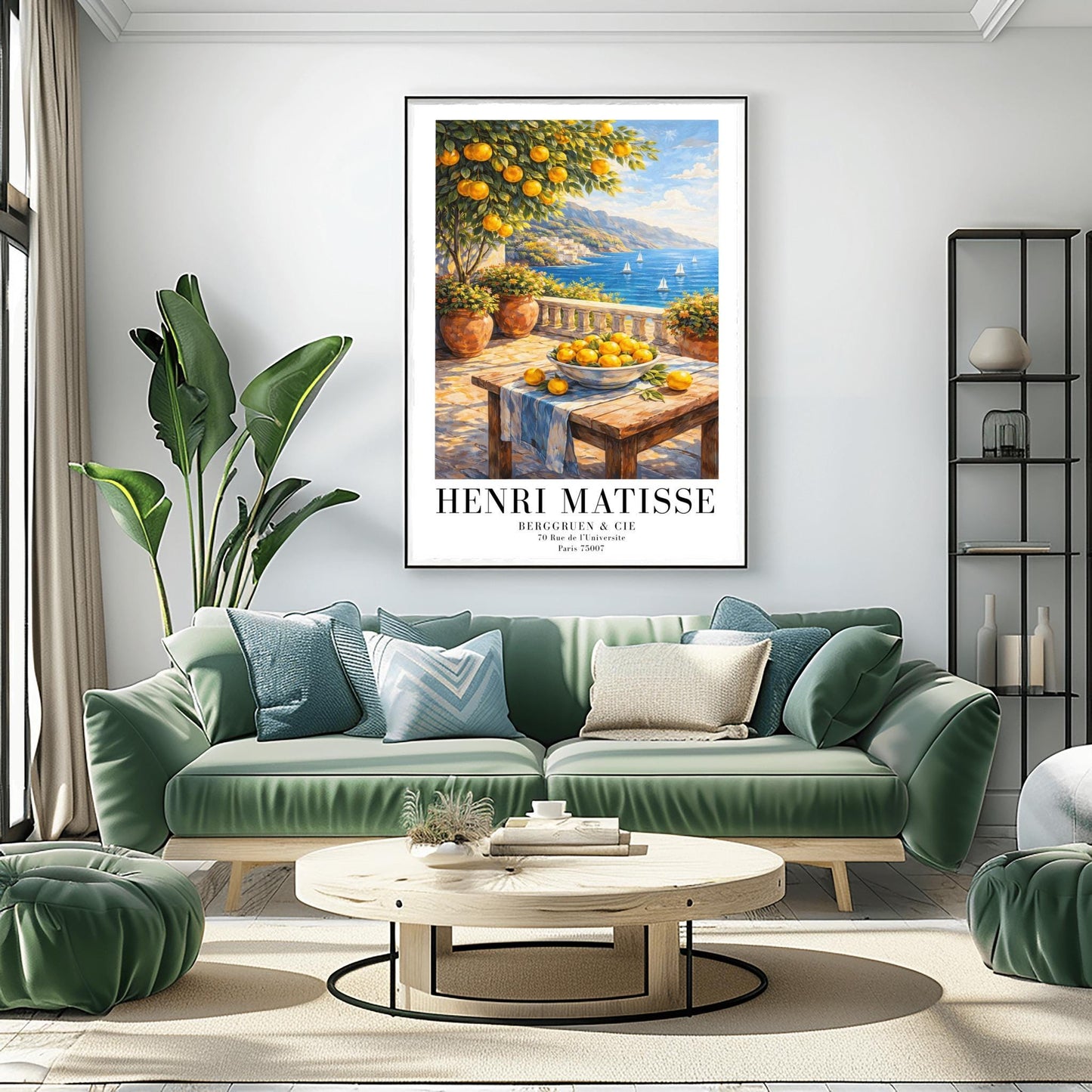 A vertical painterly illustration of a stone terrace overlooking a blue sea with sailboats. In the foreground, a wooden table holds a bowl of oranges and lemons. A citrus tree and flower-filled terracotta pots frame the view. Distant white-washed buildings sit on a coastline under a blue sky.