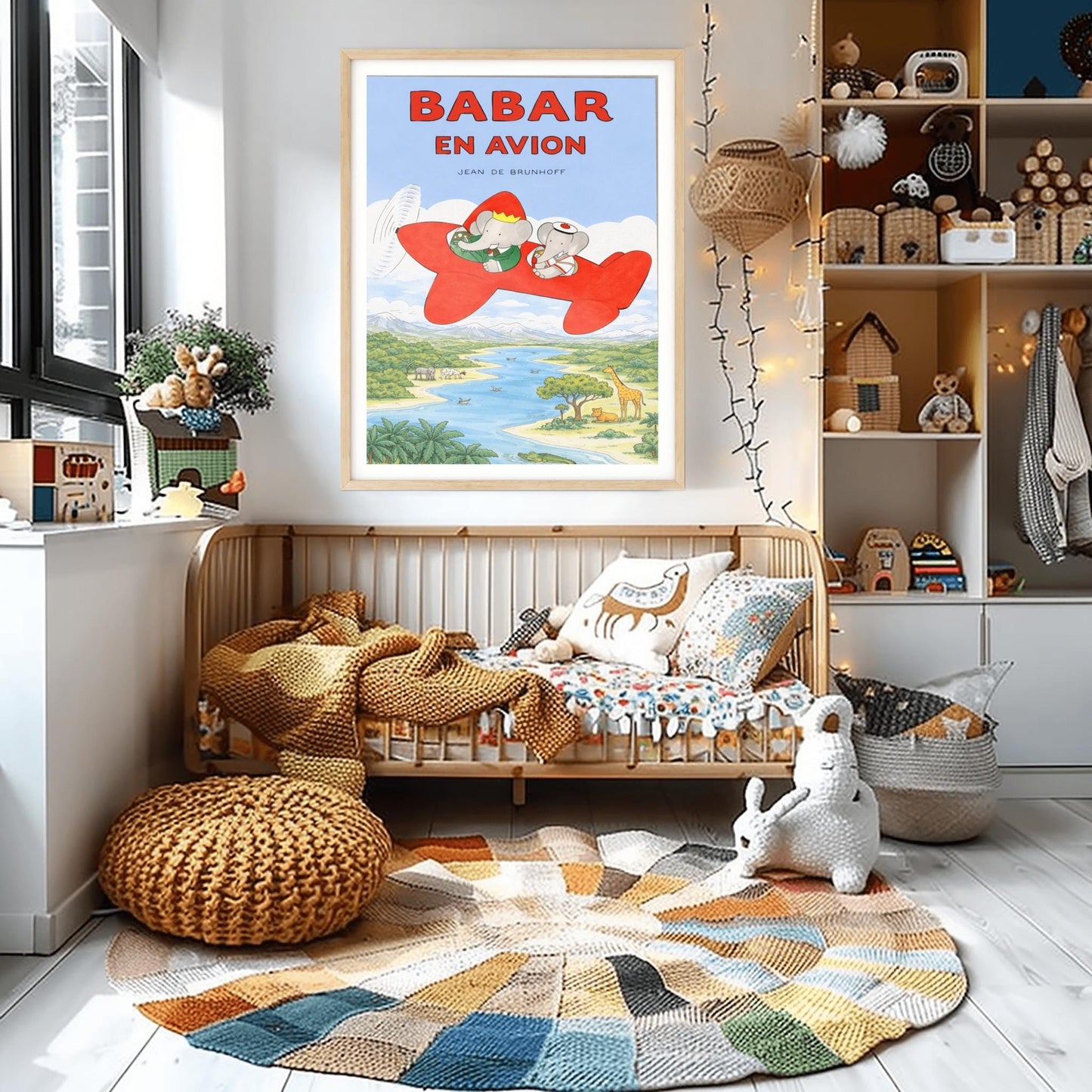 A vertical children's illustration poster titled "BABAR EN AVION" in large red letters. At the center is a bright red propeller plane flying through a blue sky with white clouds. King Babar, in a green suit and crown, and Queen Celeste, in a white sailor-style hat, are sitting in the cockpits. Below them is a winding blue river and a green savanna with a giraffe, a lion, a hippopotamus, and palm trees. The name "Jean de Brunhoff" is at the top.