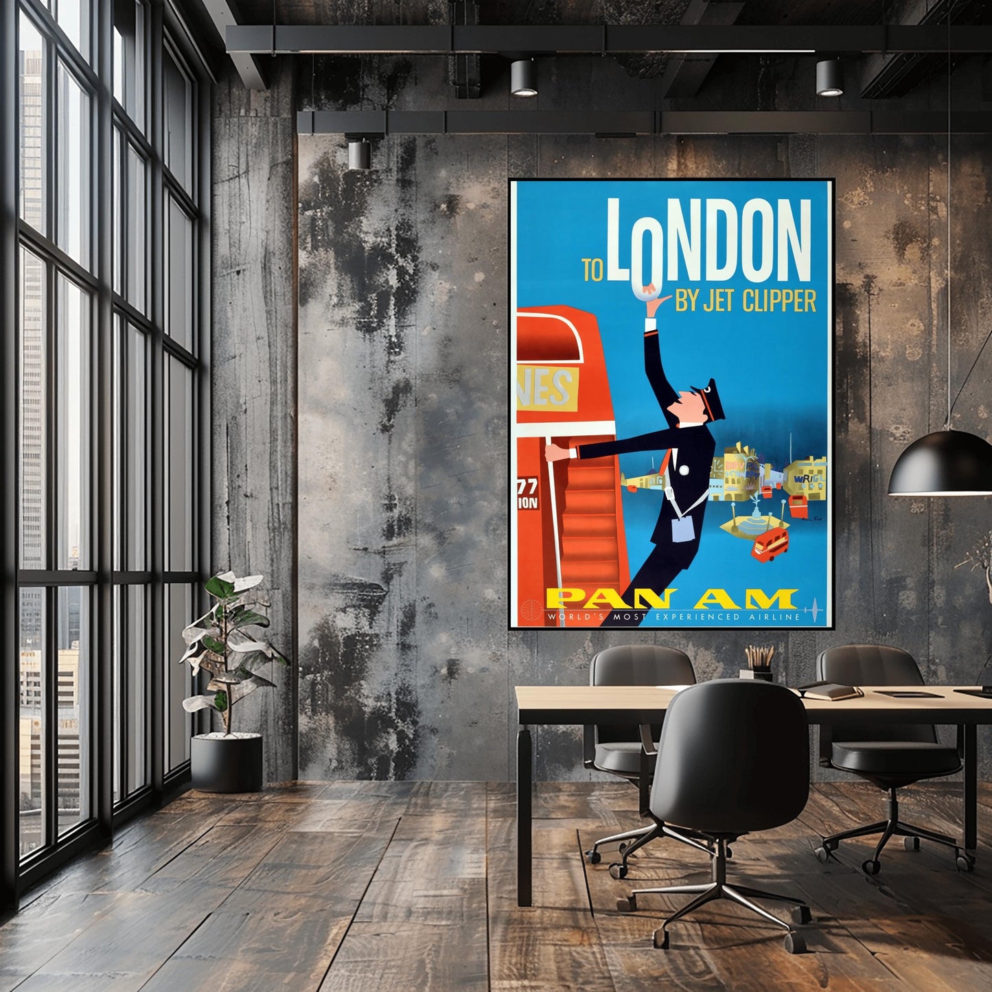 A vertical vintage travel poster with a blue background. At the top, the words "TO LONDON BY JET CLIPPER" are written in white and yellow font. A graphic illustration shows a bus conductor in a black uniform swinging off a large red double-decker bus on the left, reaching his arm up to hold the letter O in "LONDON". The lower background features stylized yellow and blue buildings of Piccadilly Circus with small red buses. The bottom features yellow "PAN AM" branding.