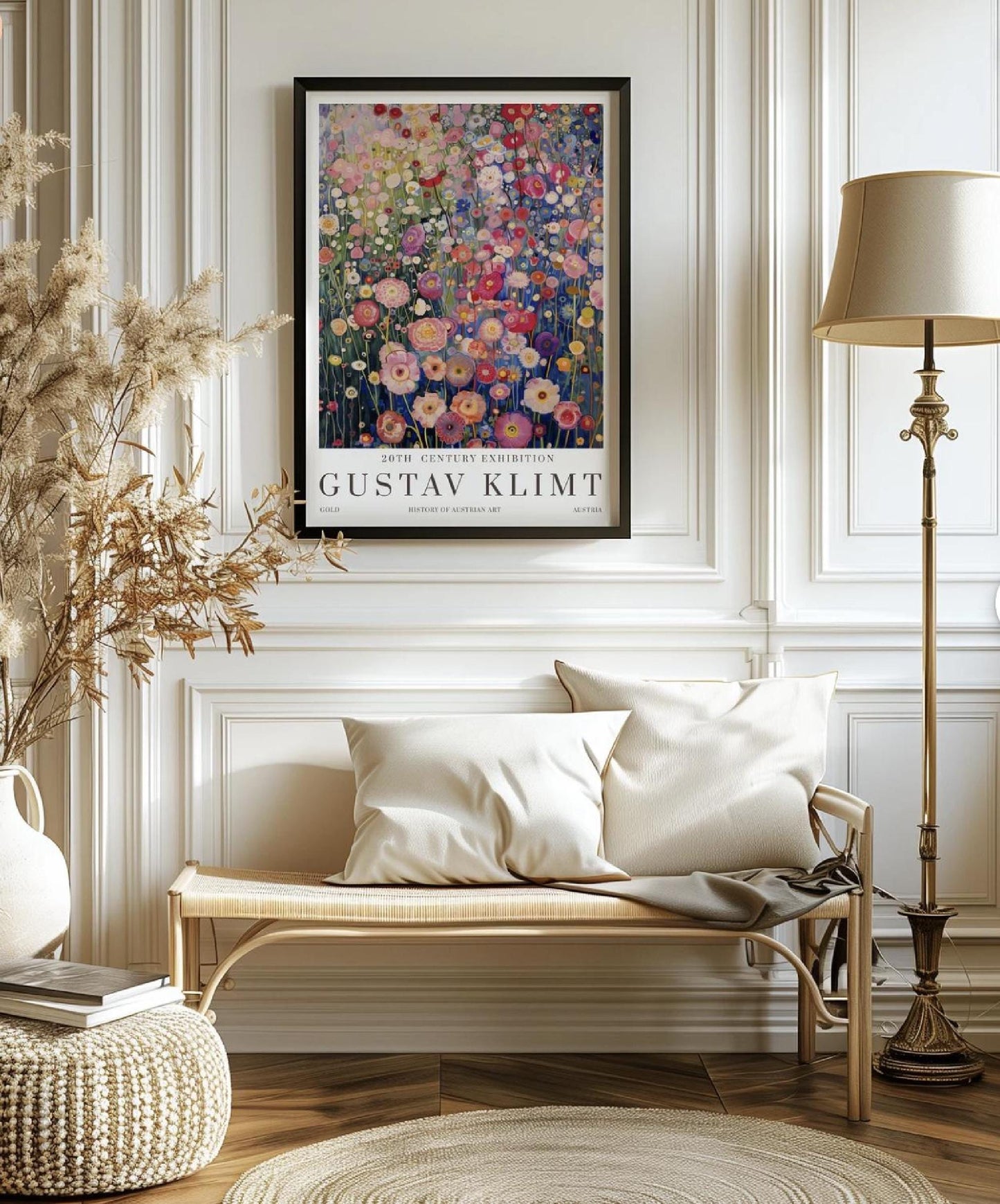 A promotional poster for an art exhibition features a vibrant and highly detailed painting of a dense field of flowers, rendered in the distinctive style of Gustav Klimt. The artwork, which dominates the upper portion of the poster, is a tapestry of various blossoms in shades of pink, red, white, yellow, and purple, set against a backdrop of deep blues and greens that suggest a distant landscape or sky.