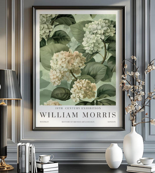 Framed artwork of William Morris Hydrangea design in a living room setting with decor elements.