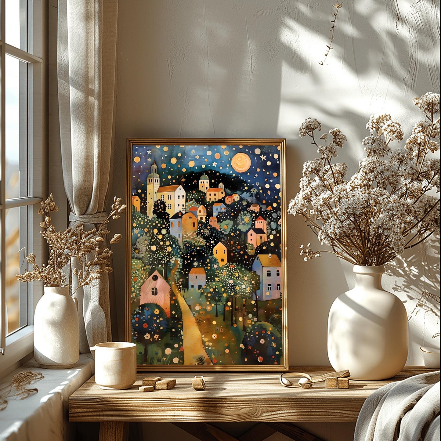 Gustav Klimt Print Village Night Poster, Moon & Stars Tree Art, Premium Matte Paper, Klimt Exhibition Wall Decor, Fine Art Print