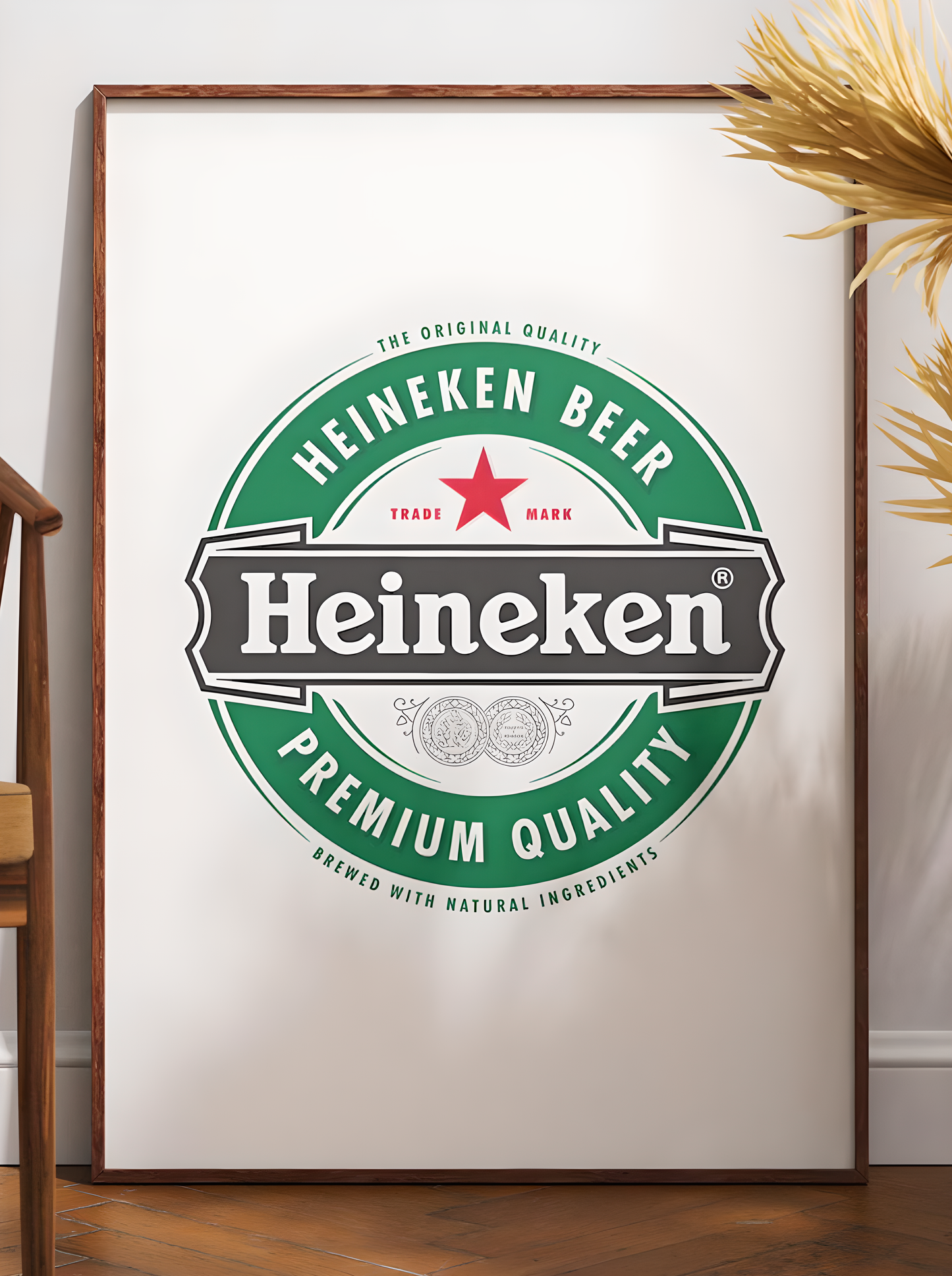 A sharp, bold art print featuring the iconic Heineken beer logo. The design prominently displays the vibrant green background, the distinct red star, and the crisp white 'Heineken' typography. This clean, graphic representation of the famous beverage brand is perfect for modern bar decor, a stylish man cave, pub wall art, or a contemporary kitchen. It's an ideal digital print gift for any Heineken enthusiast or collector of iconic beer branding, adding a sleek touch to any space.