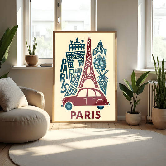 A charming physical poster print featuring a retro-style illustration of iconic Parisian landmarks and a vintage car in a blocky, folk art aesthetic, celebrating the city of Paris.